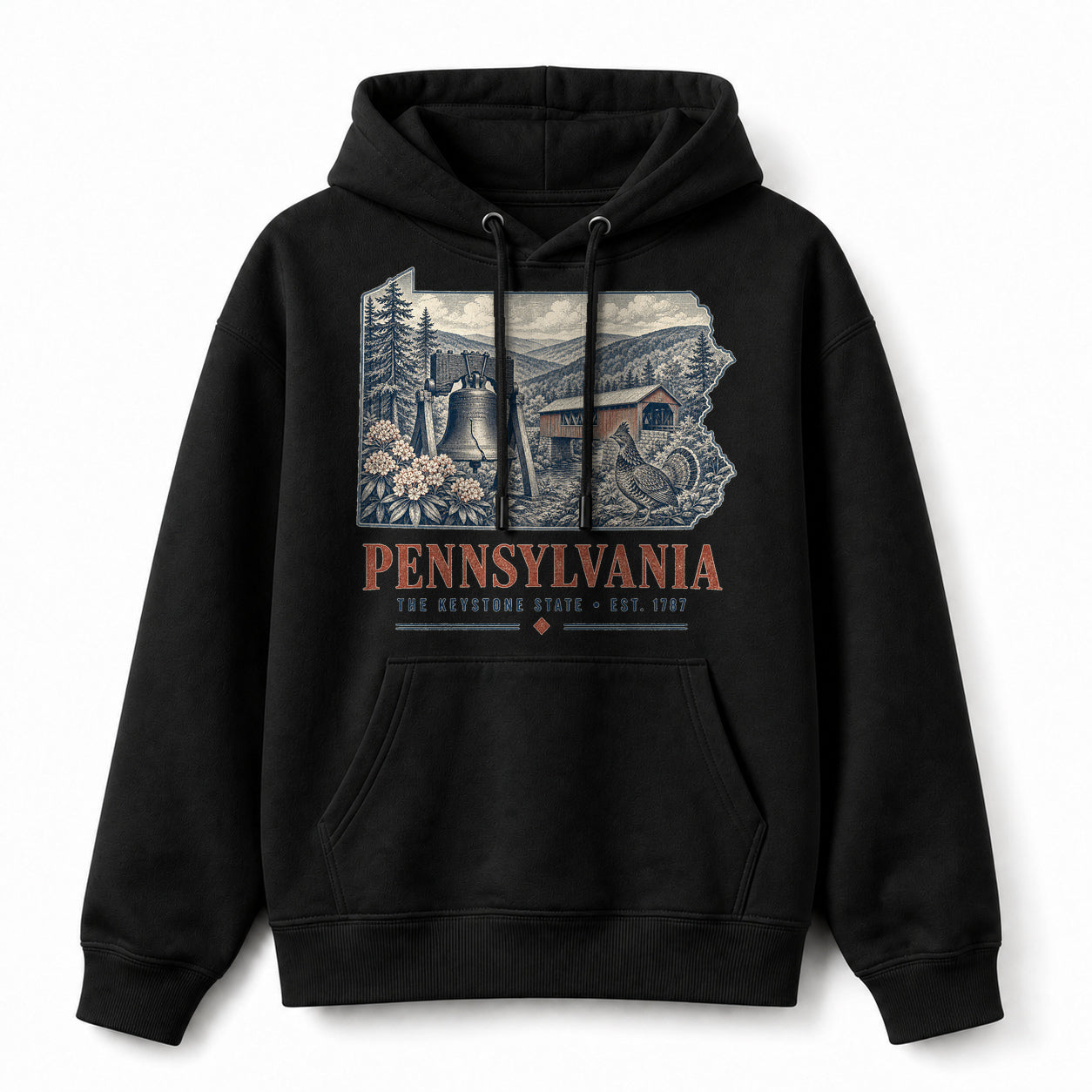 Vintage Pennsylvania State Graphic Pullover Hoodie in Black, front view on a white background