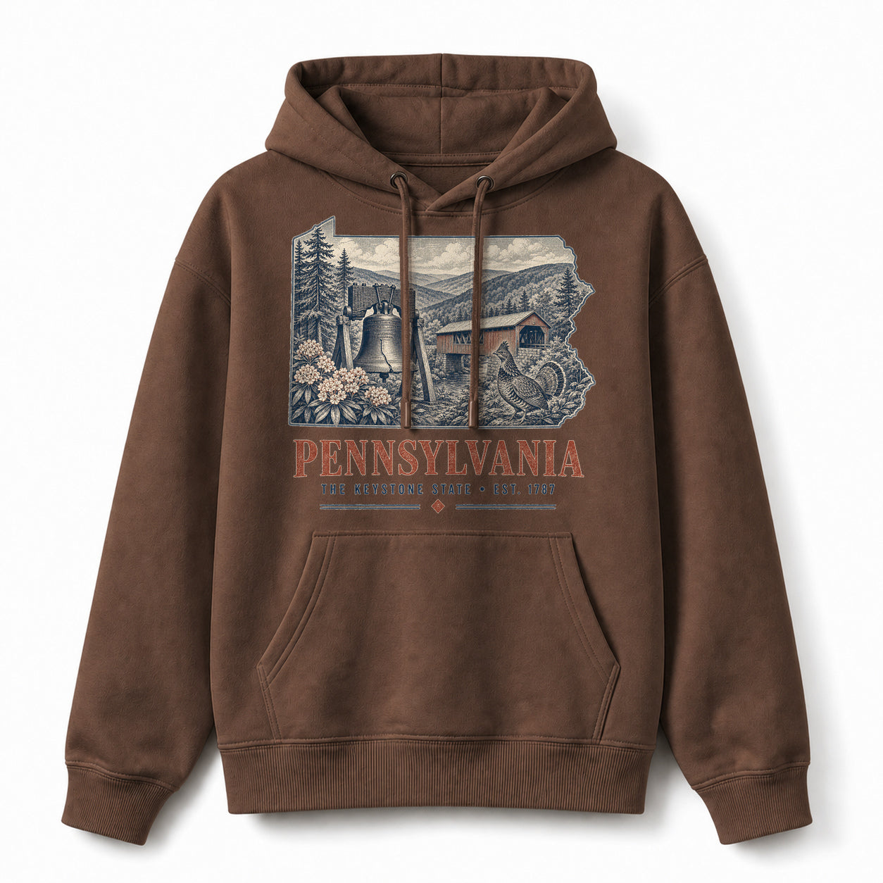 Vintage Pennsylvania State Graphic Pullover Hoodie in Coffee Brown, front view on a white background