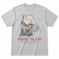 Vintage Rhode Island State Graphic T-Shirt in Heather Gray, front view on a white background