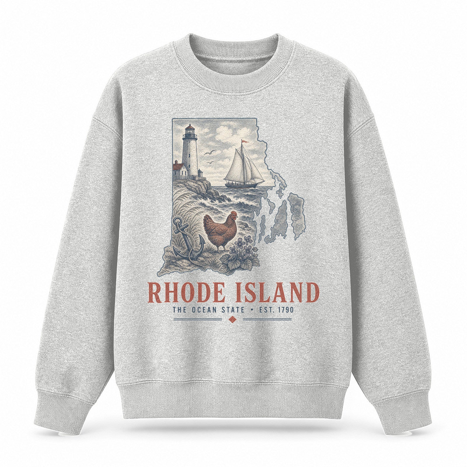 Vintage Rhode Island State Graphic Crewneck Sweatshirt in Light Gray, front view on a white background