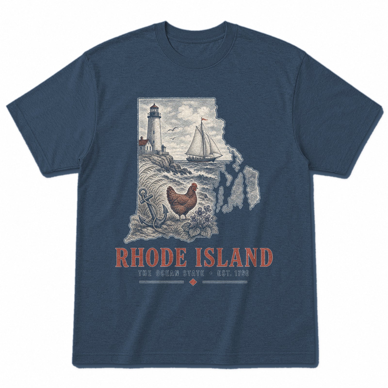 Vintage Rhode Island State Graphic T-Shirt in Washed Navy, front view on a white background