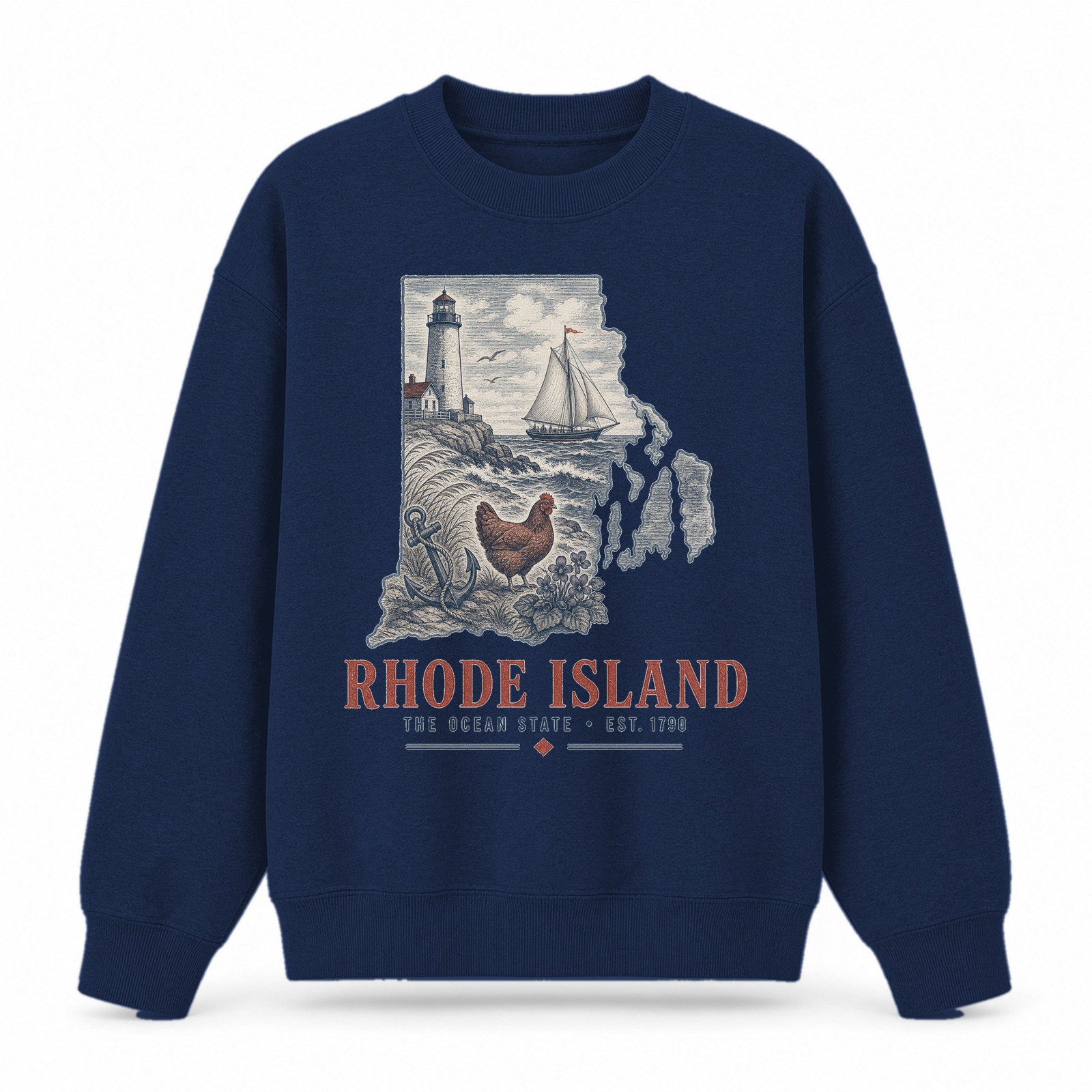 Vintage Rhode Island State Graphic Crewneck Sweatshirt in Navy, front view on a white background