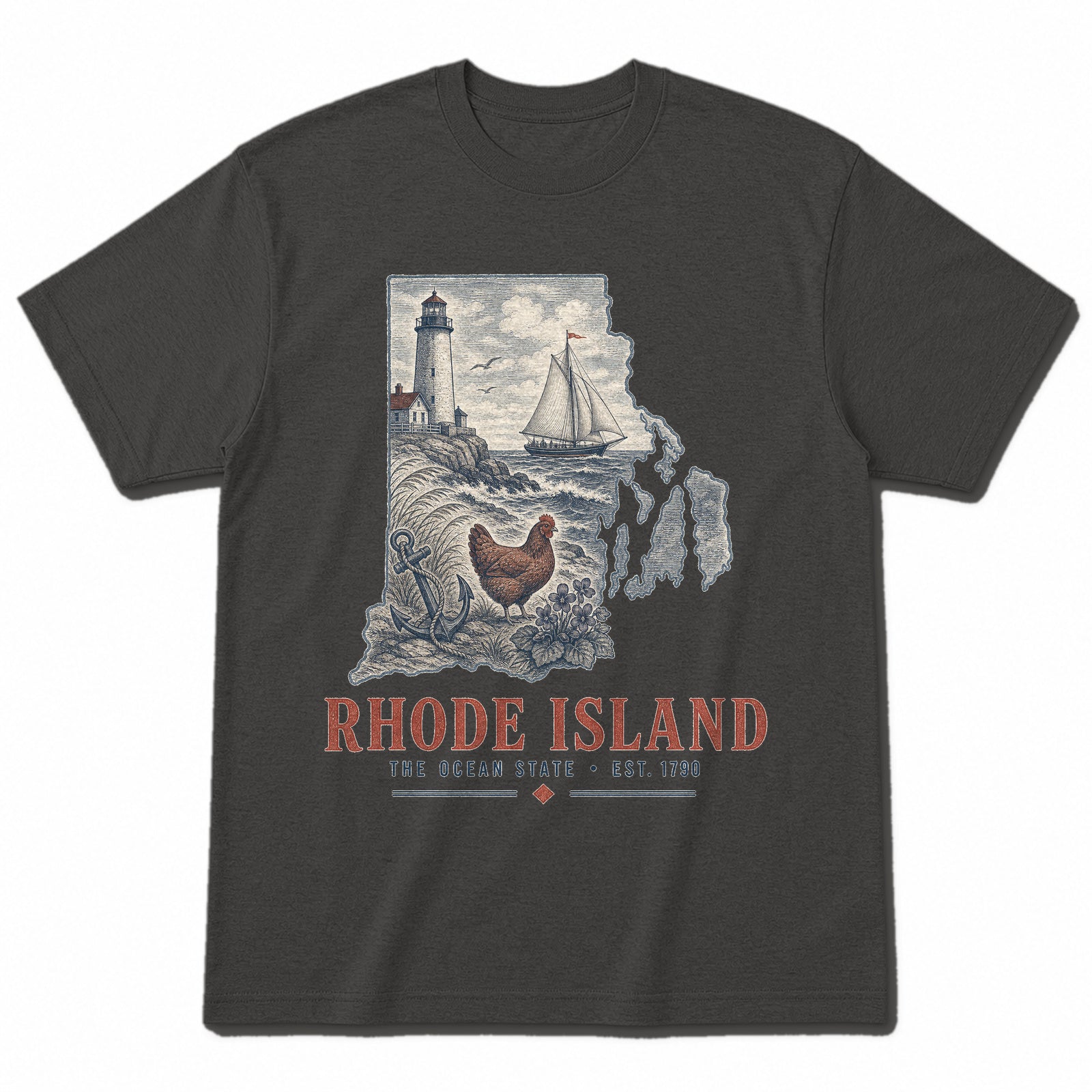 Vintage Rhode Island State Graphic T-Shirt in Vintage Charcoal, front view on a white background