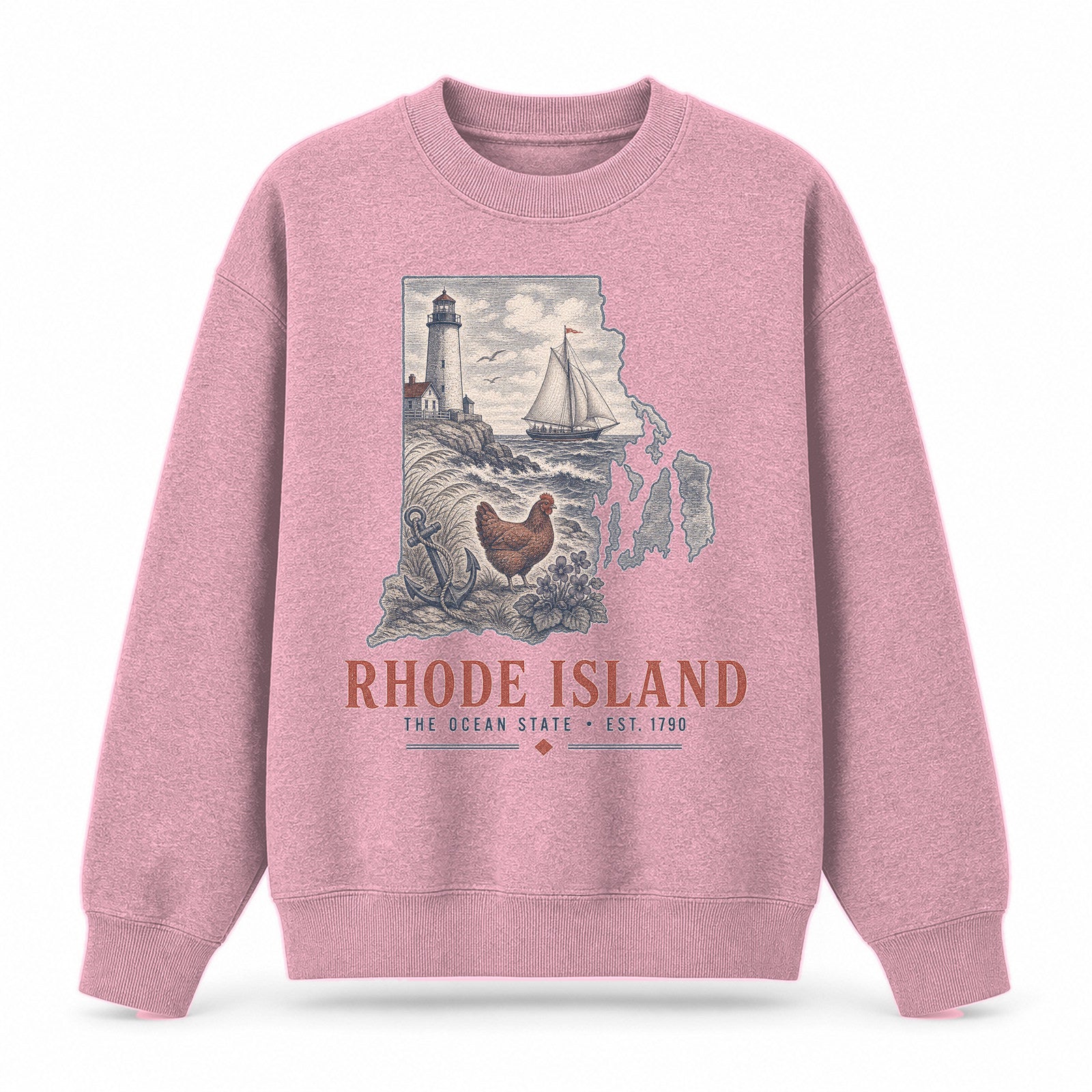 Vintage Rhode Island State Graphic Crewneck Sweatshirt in Pink, front view on a white background
