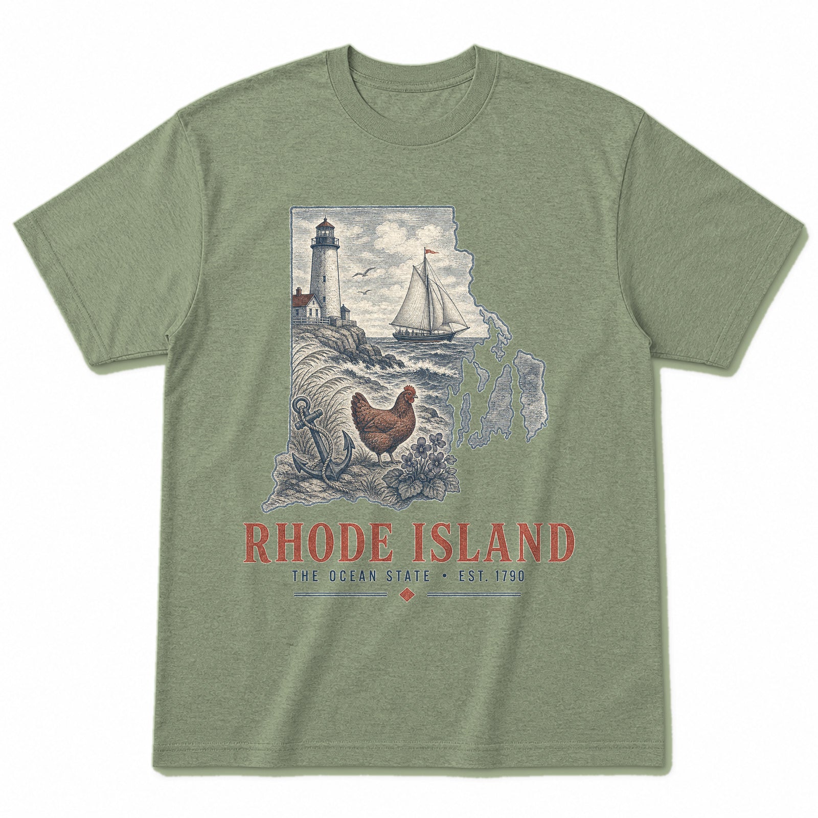 Vintage Rhode Island State Graphic T-Shirt in Light Sage Green, front view on a white background