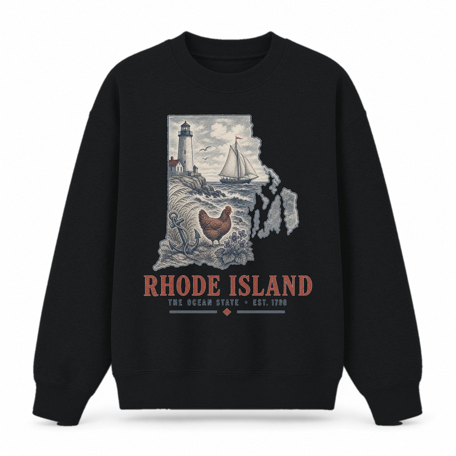 Vintage Rhode Island State Graphic Crewneck Sweatshirt in Black, front view on a white background