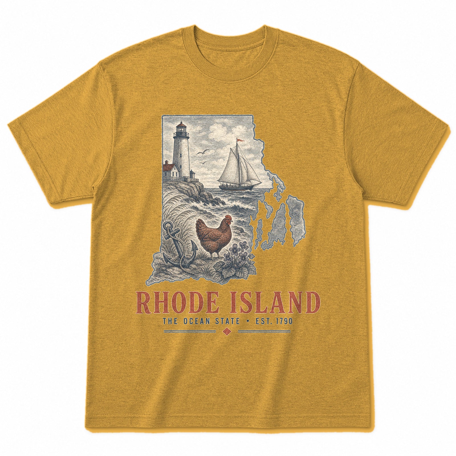 Vintage Rhode Island State Graphic T-Shirt in Vintage Mustard Yellow, front view on a white background