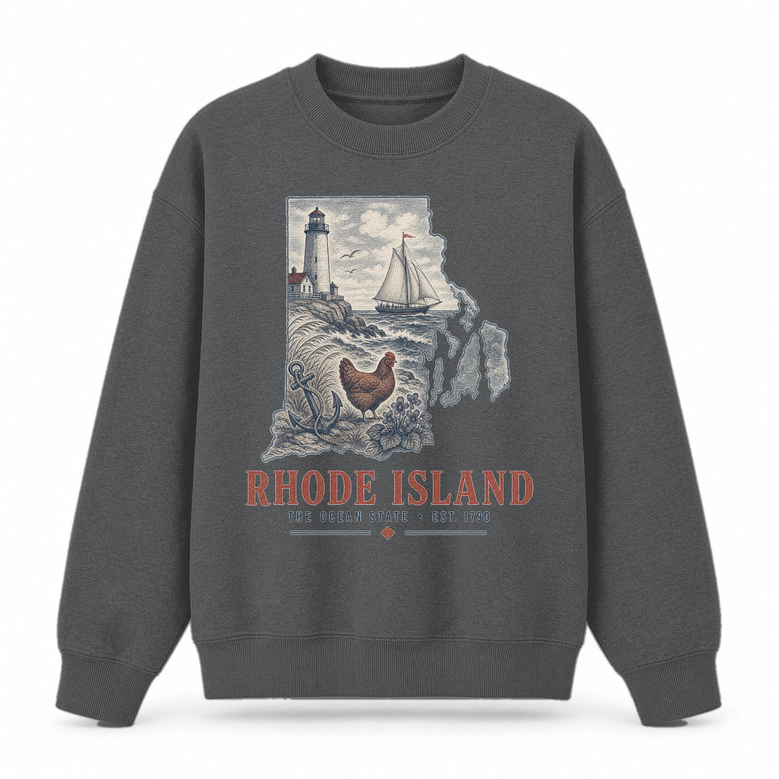 Vintage Rhode Island State Graphic Crewneck Sweatshirt in Dark Gray, front view on a white background