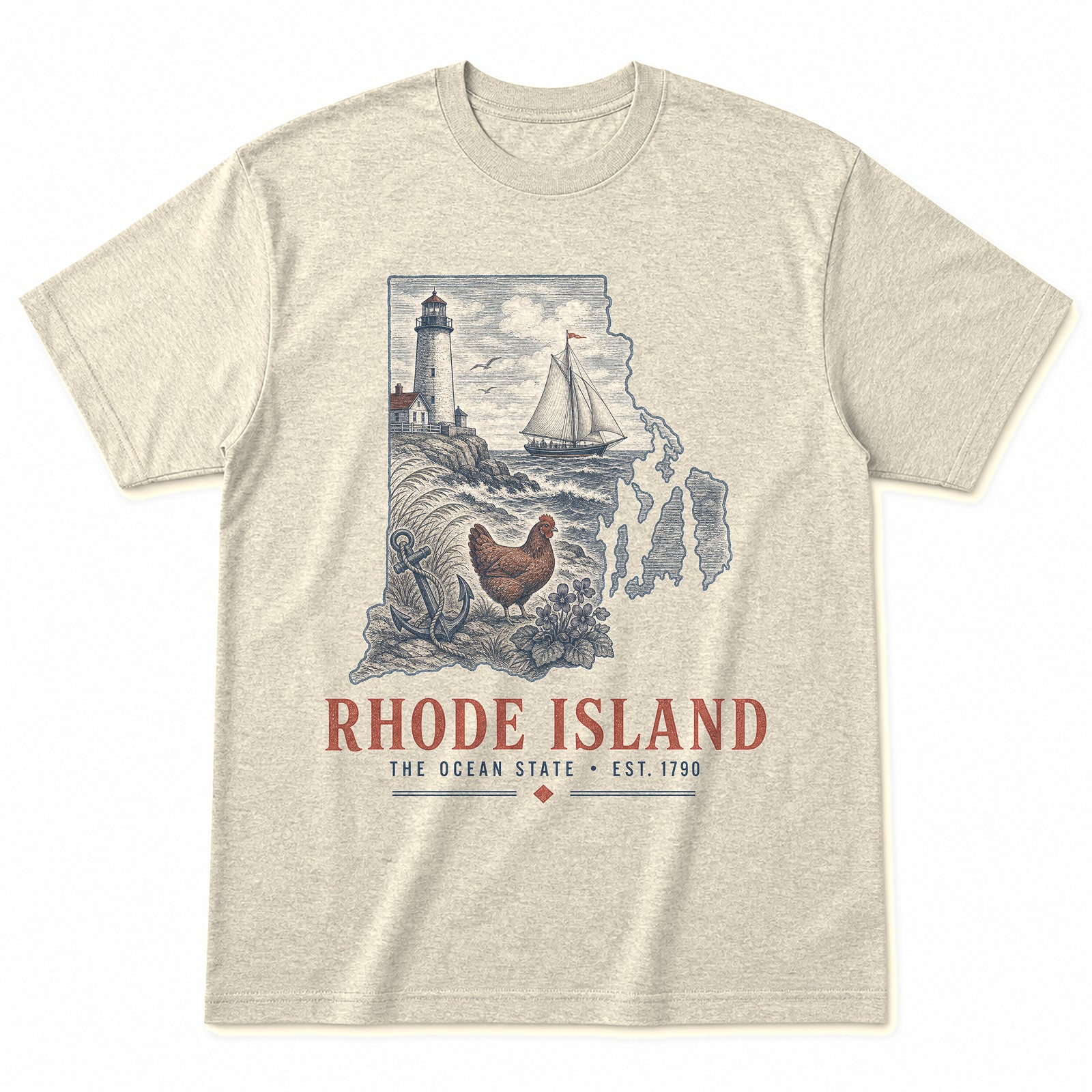 Vintage Rhode Island State Graphic T-Shirt in Natural Cream, front view on a white background