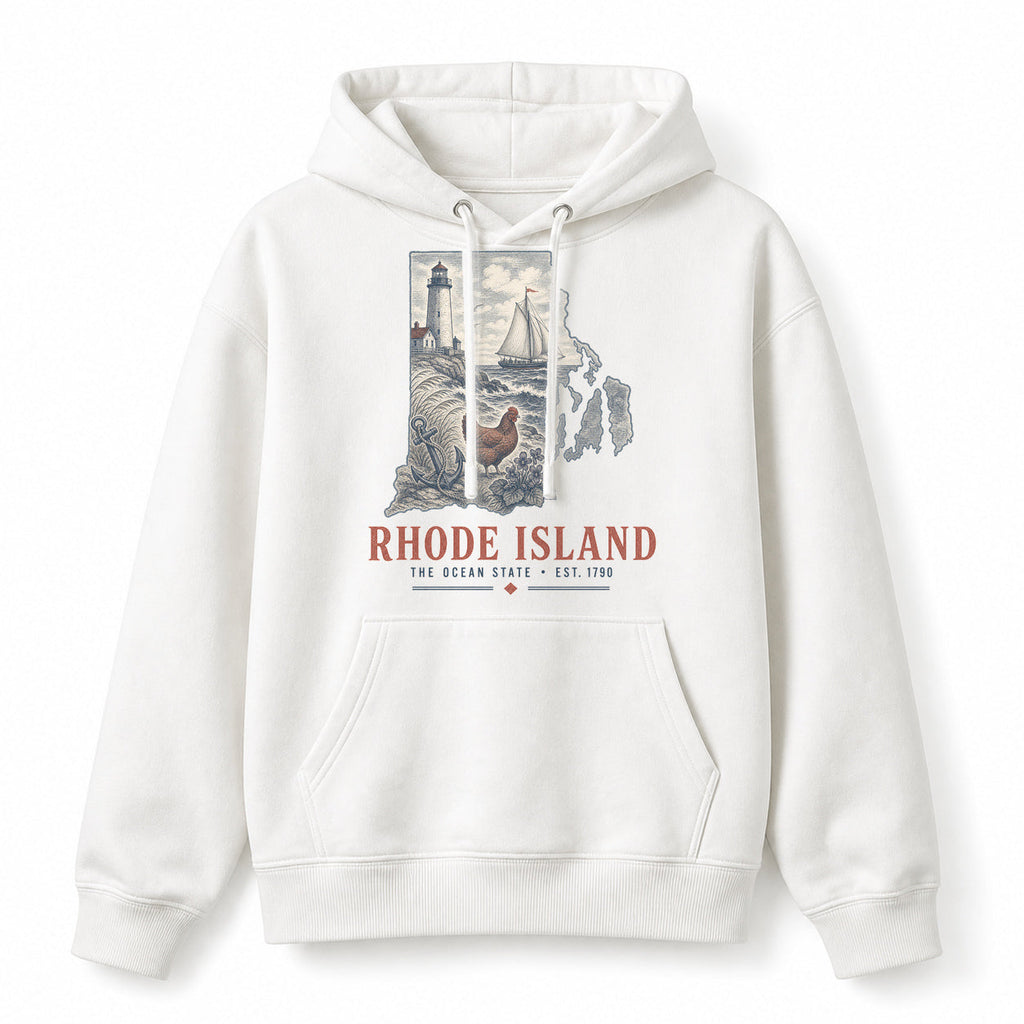 Vintage Rhode Island State Graphic Pullover Hoodie in White, front view on a white background