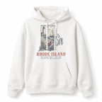 Vintage Rhode Island State Graphic Pullover Hoodie in White, front view on a white background