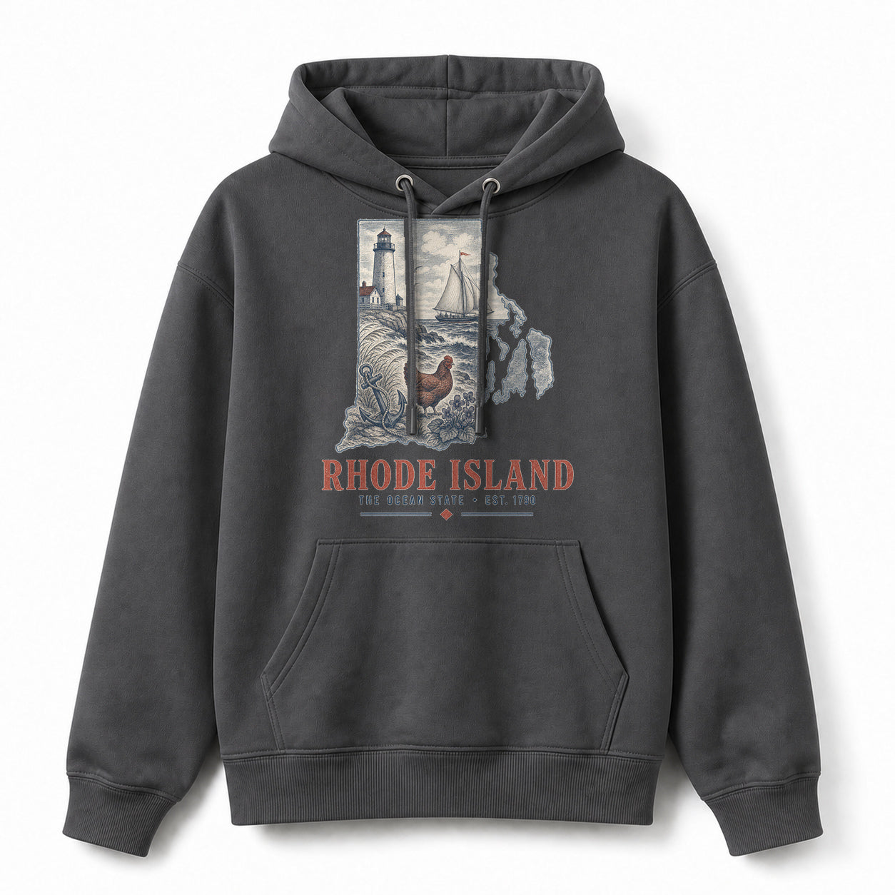 Vintage Rhode Island State Graphic Pullover Hoodie in Dark Gray, front view on a white background