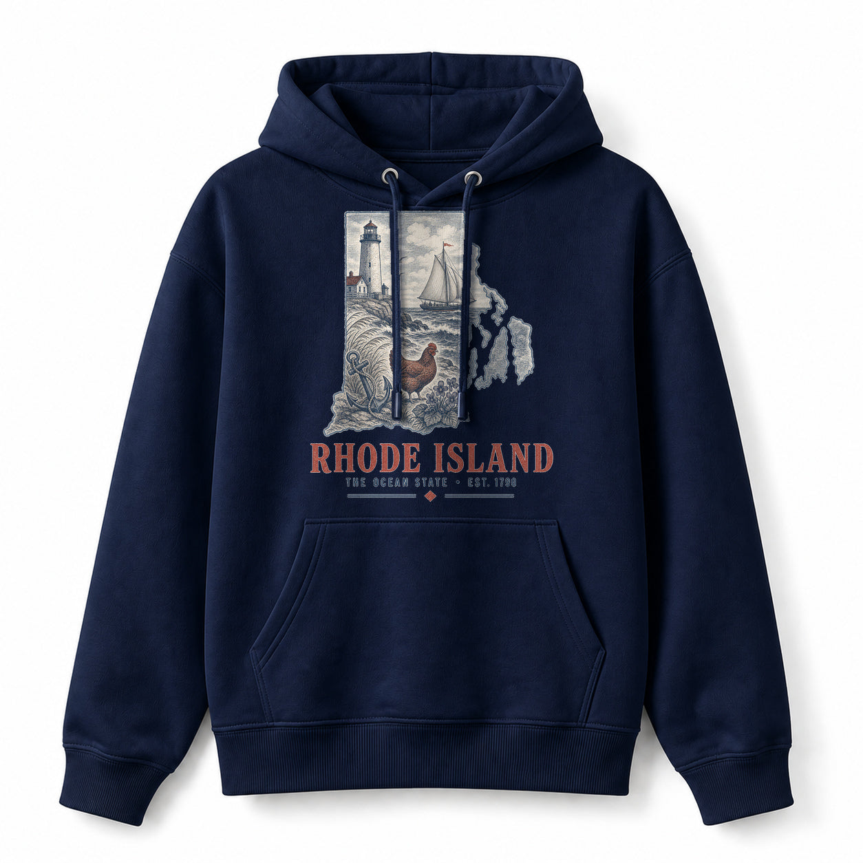 Vintage Rhode Island State Graphic Pullover Hoodie in Navy, front view on a white background