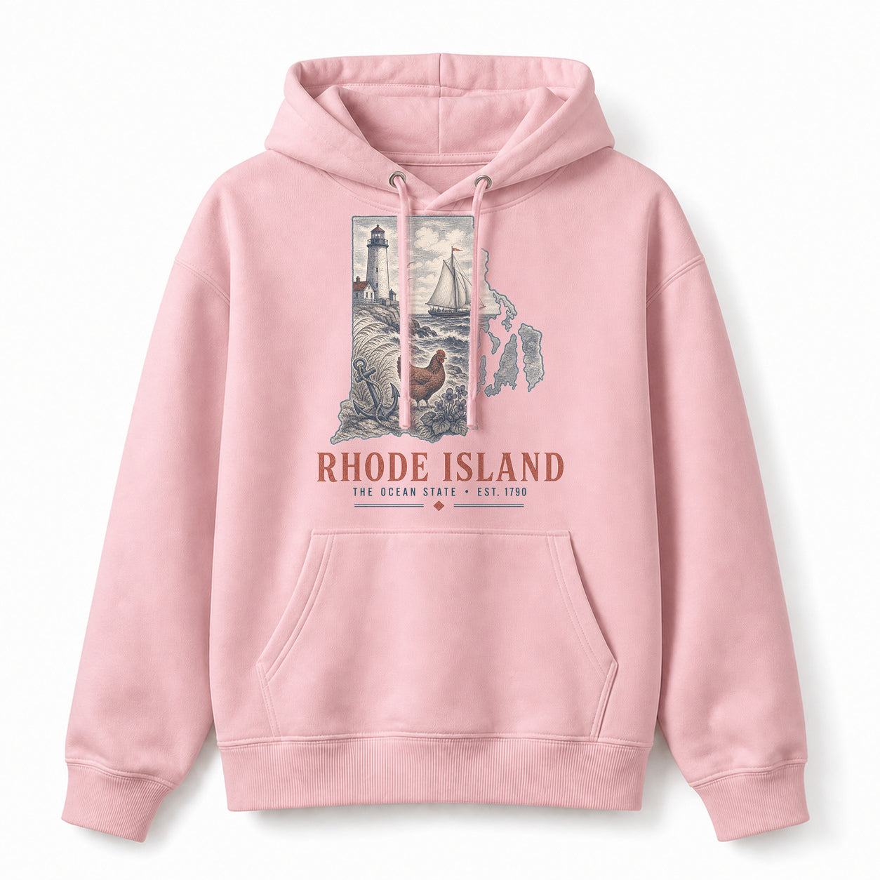 Vintage Rhode Island State Graphic Pullover Hoodie in Light Pink, front view on a white background