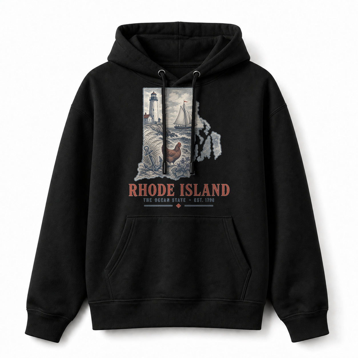 Vintage Rhode Island State Graphic Pullover Hoodie in Black, front view on a white background