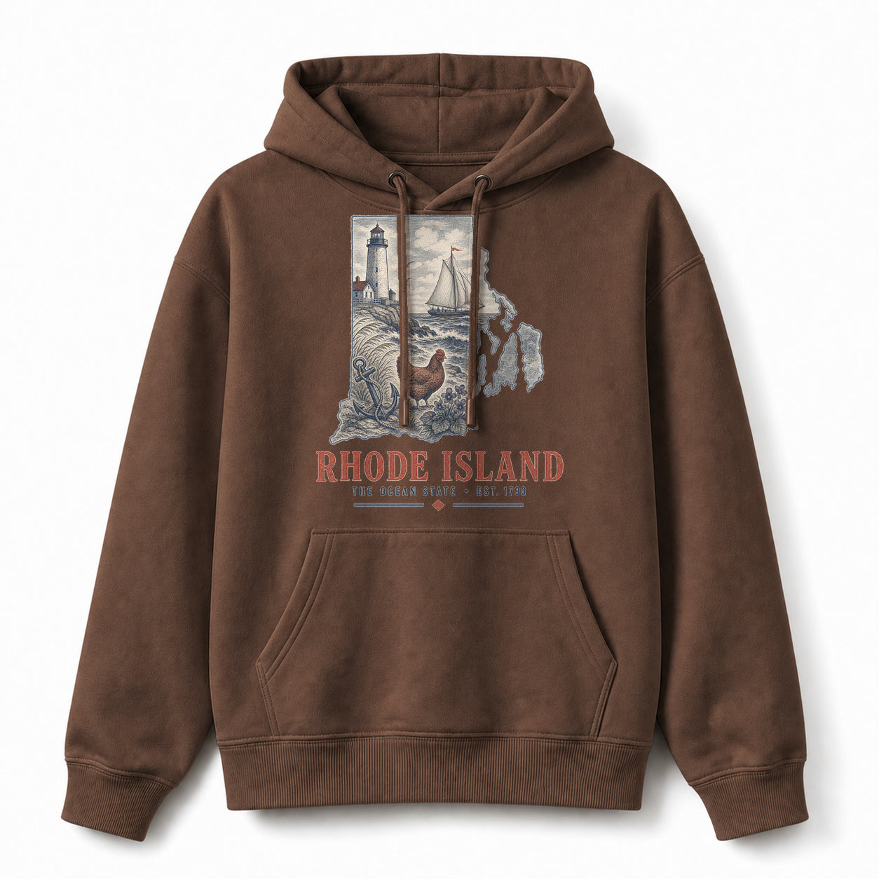Vintage Rhode Island State Graphic Pullover Hoodie in Coffee Brown, front view on a white background