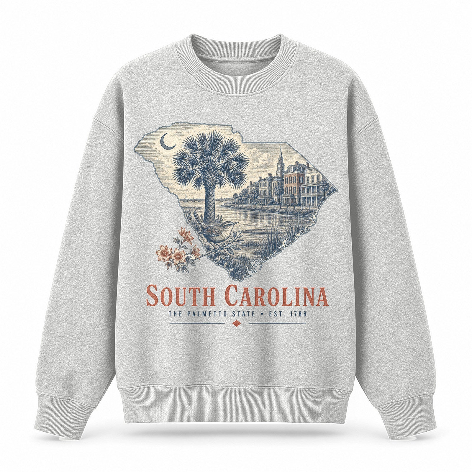 Vintage South Carolina State Graphic Crewneck Sweatshirt in Light Gray, front view on a white background
