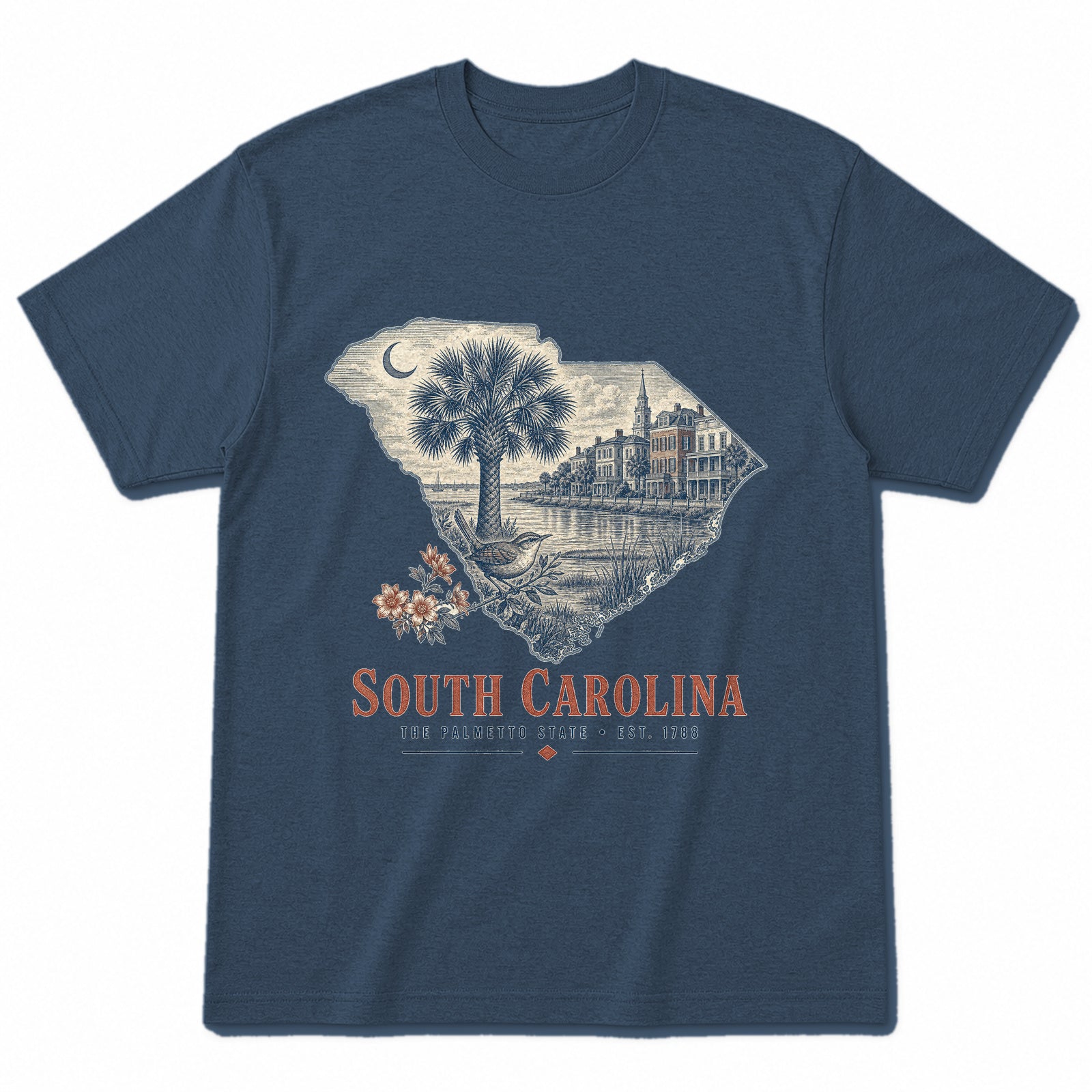 Vintage South Carolina State Graphic T-Shirt in Washed Navy, front view on a white background