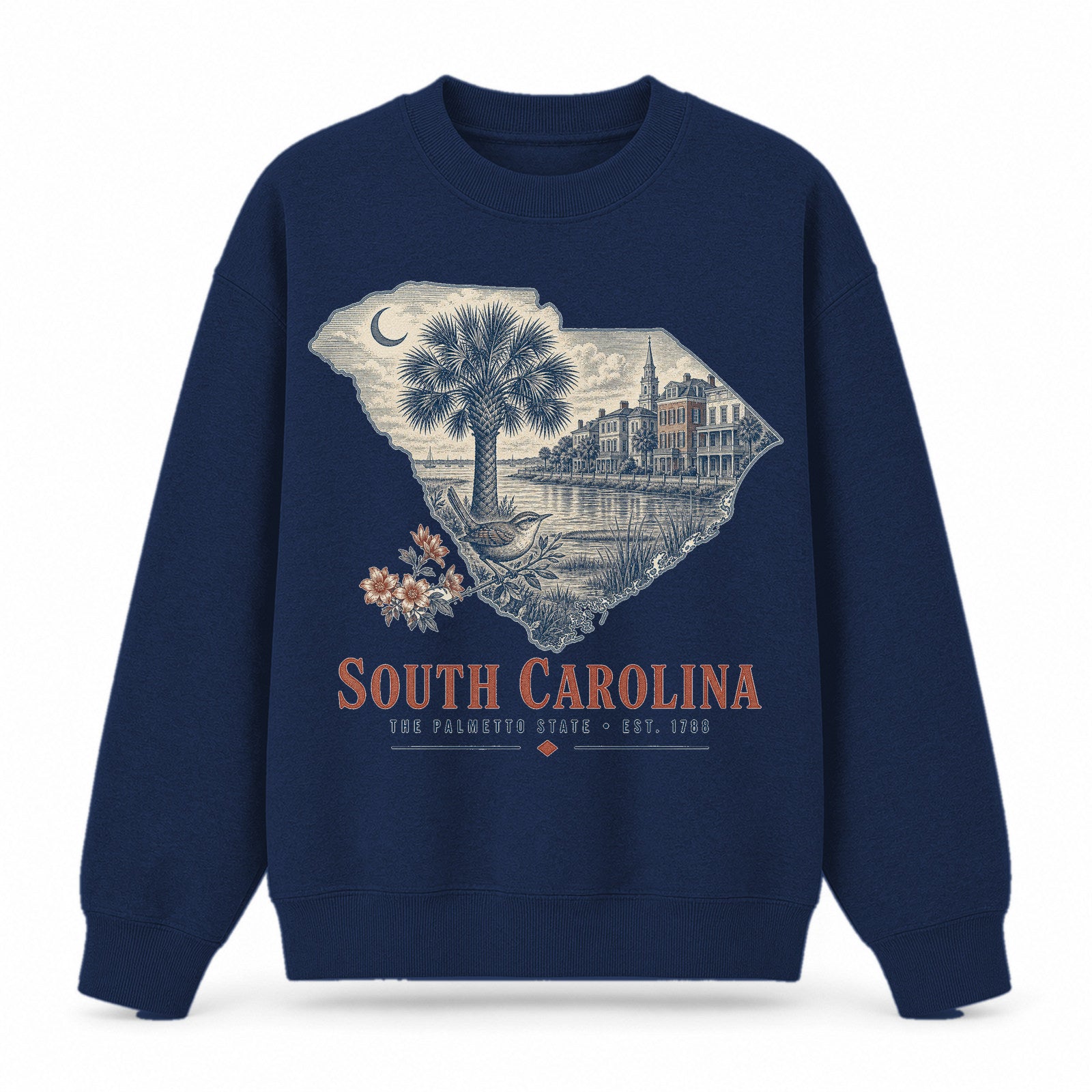 Vintage South Carolina State Graphic Crewneck Sweatshirt in Navy, front view on a white background