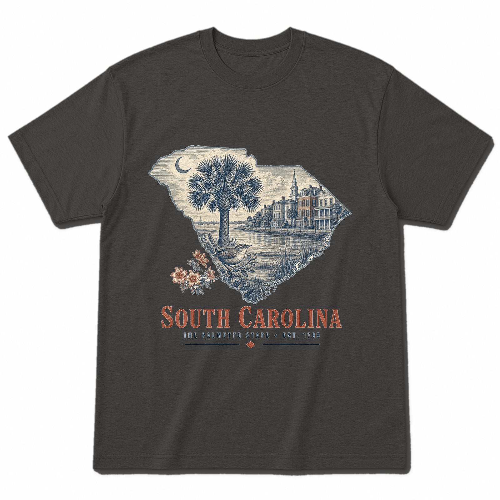 Vintage South Carolina State Graphic T-Shirt in Vintage Charcoal, front view on a white background