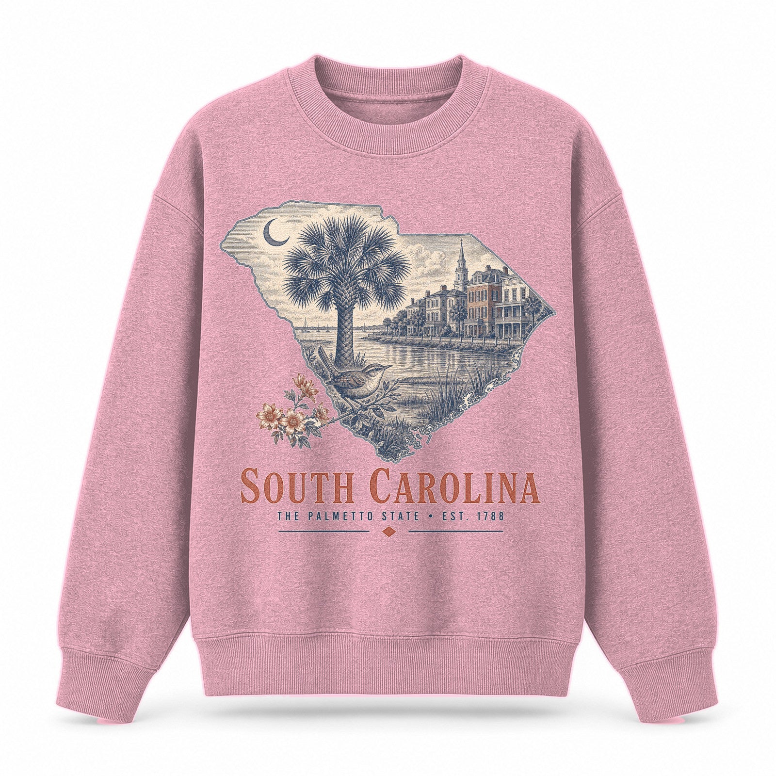 Vintage South Carolina State Graphic Crewneck Sweatshirt in Pink, front view on a white background