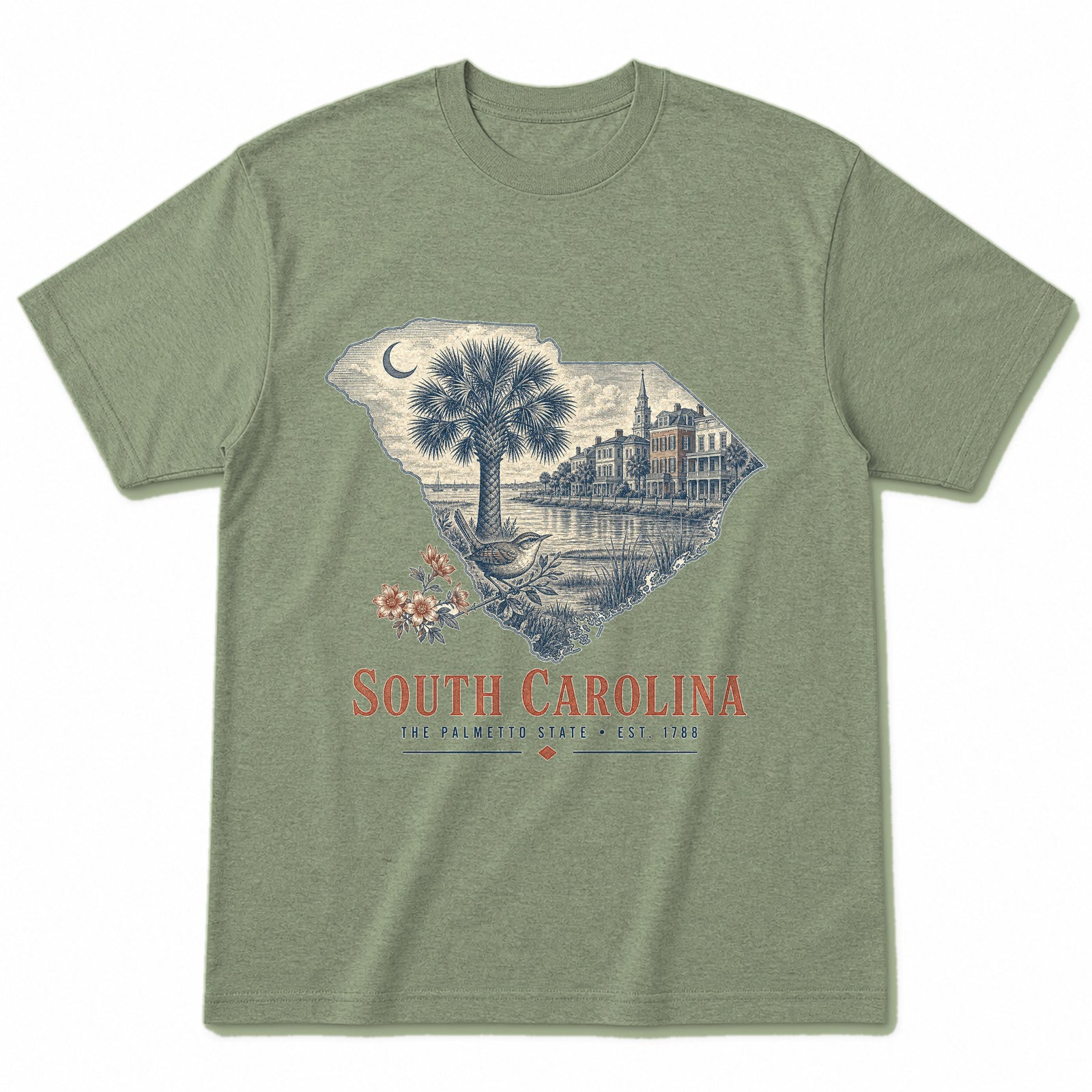 Vintage South Carolina State Graphic T-Shirt in Light Sage Green, front view on a white background