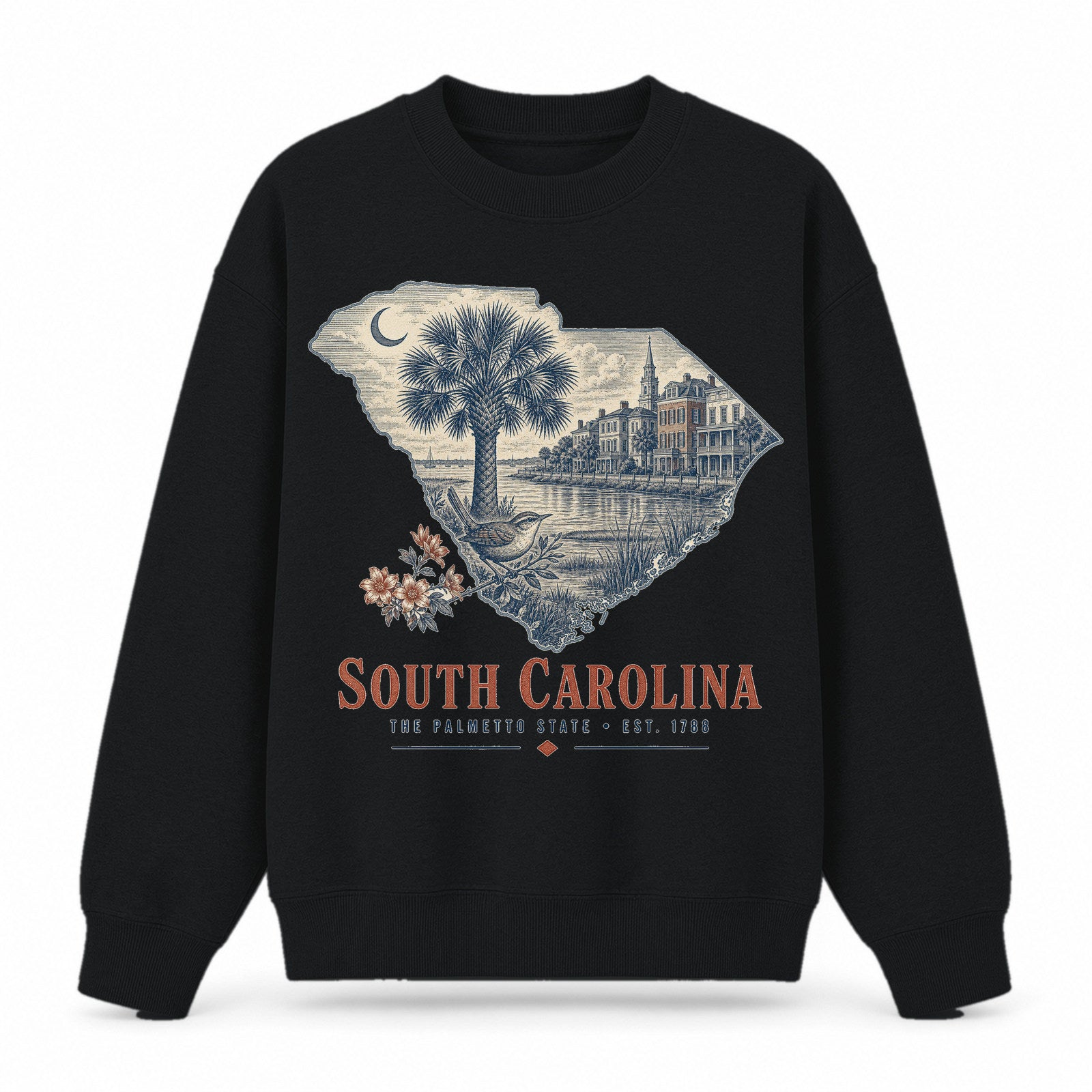 Vintage South Carolina State Graphic Crewneck Sweatshirt in Black, front view on a white background