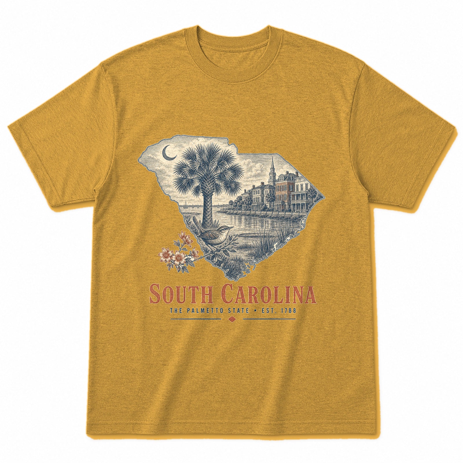 Vintage South Carolina State Graphic T-Shirt in Vintage Mustard Yellow, front view on a white background