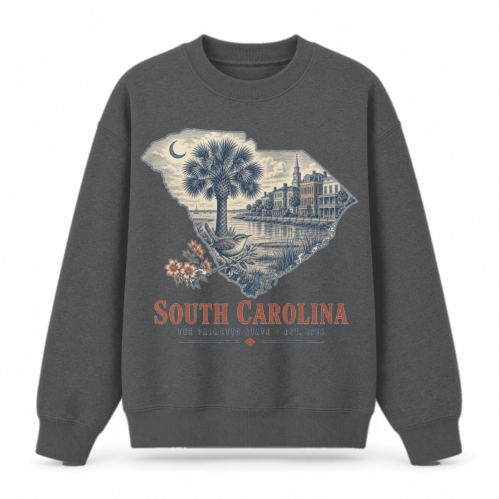 Vintage South Carolina State Graphic Crewneck Sweatshirt in Dark Gray, front view on a white background