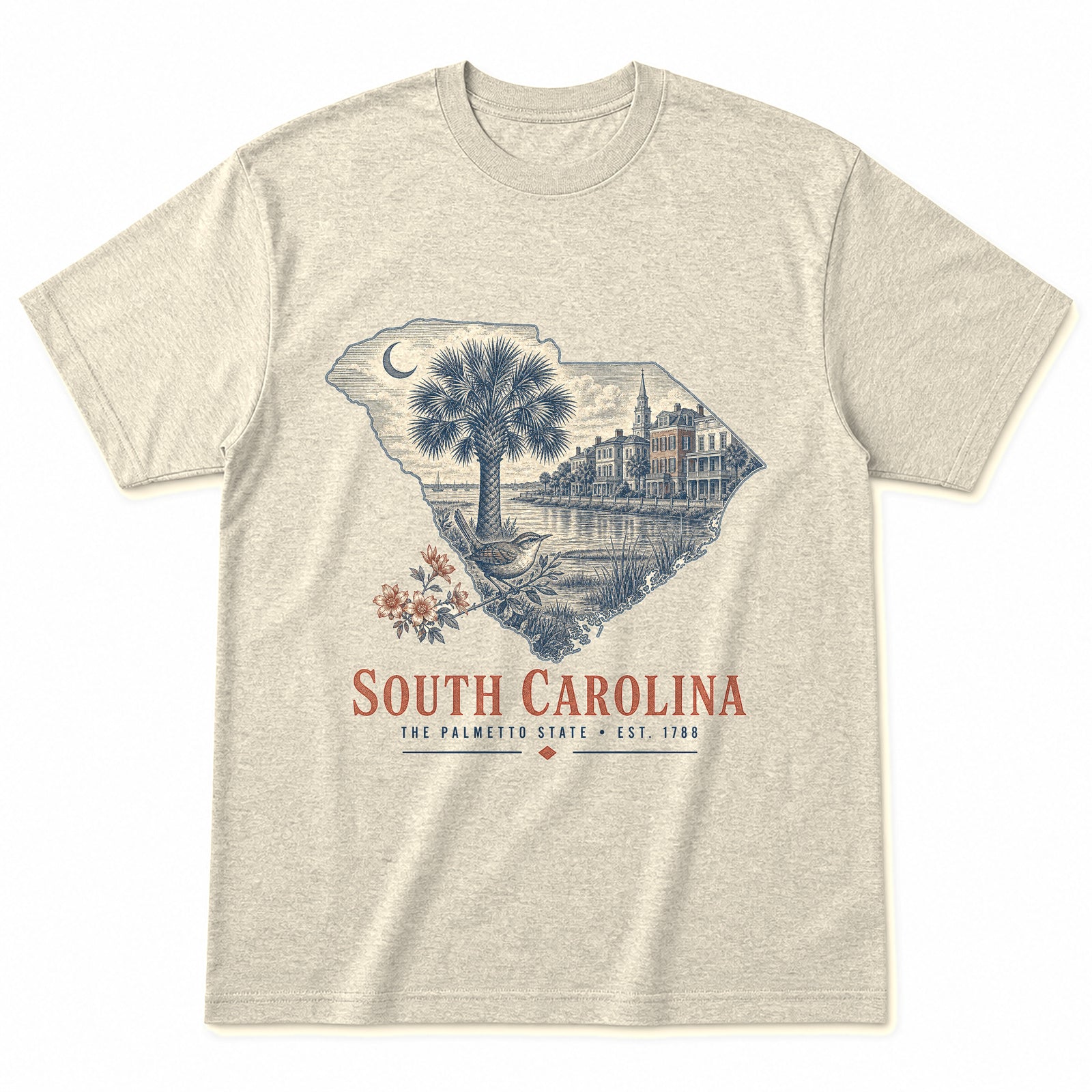 Vintage South Carolina State Graphic T-Shirt in Natural Cream, front view on a white background