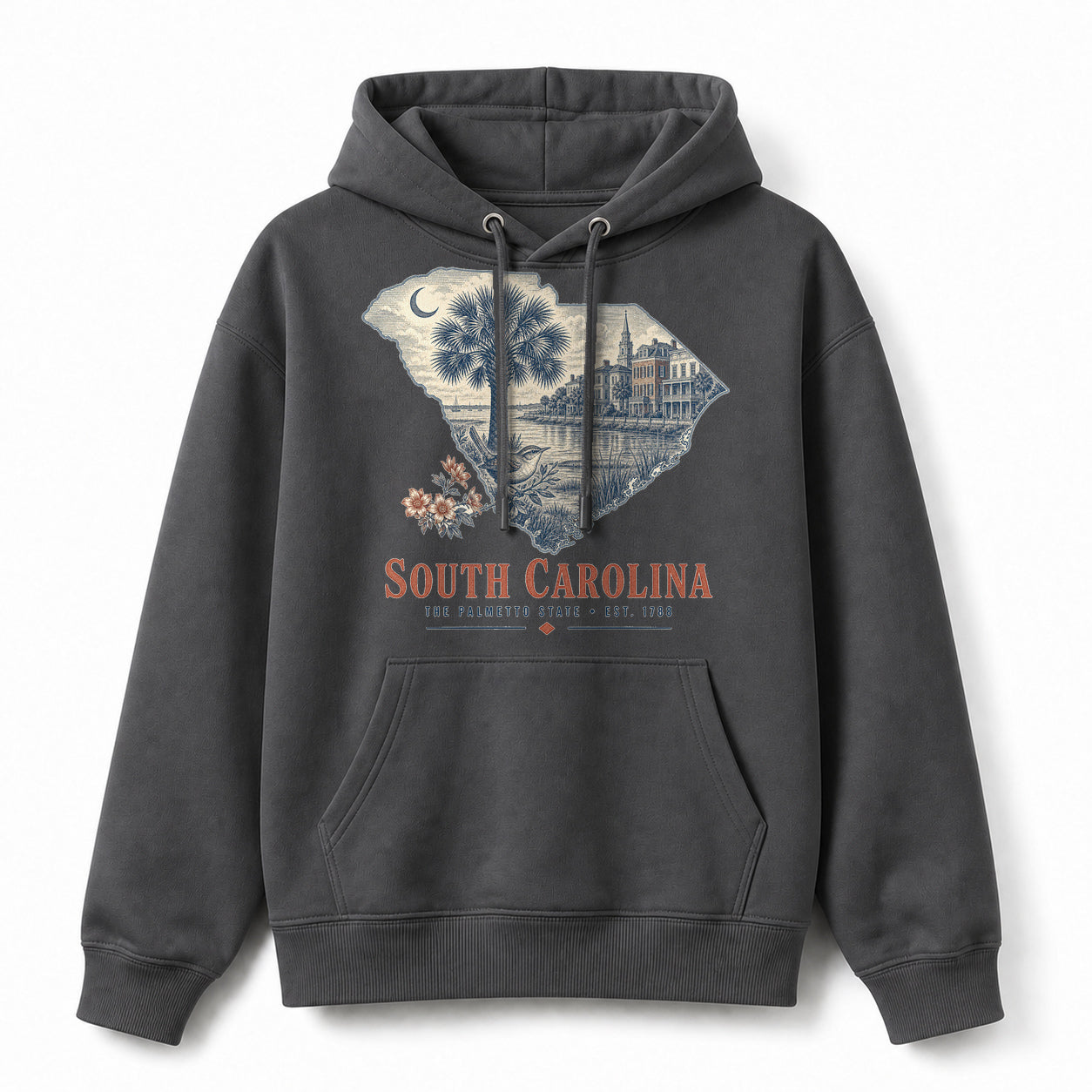 Vintage South Carolina State Graphic Pullover Hoodie in Dark Gray, front view on a white background