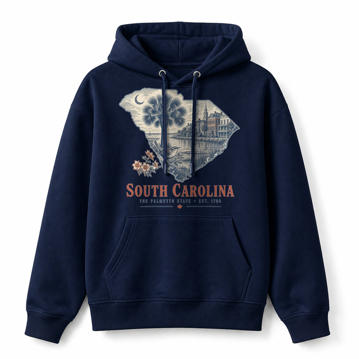 Vintage South Carolina State Graphic Pullover Hoodie in Navy, front view on a white background