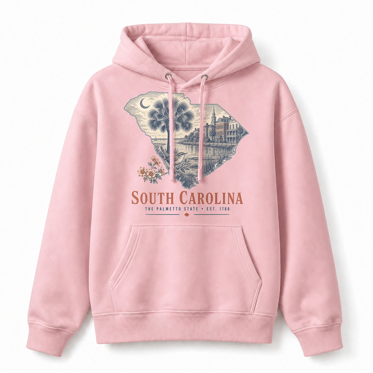 Vintage South Carolina State Graphic Pullover Hoodie in Light Pink, front view on a white background