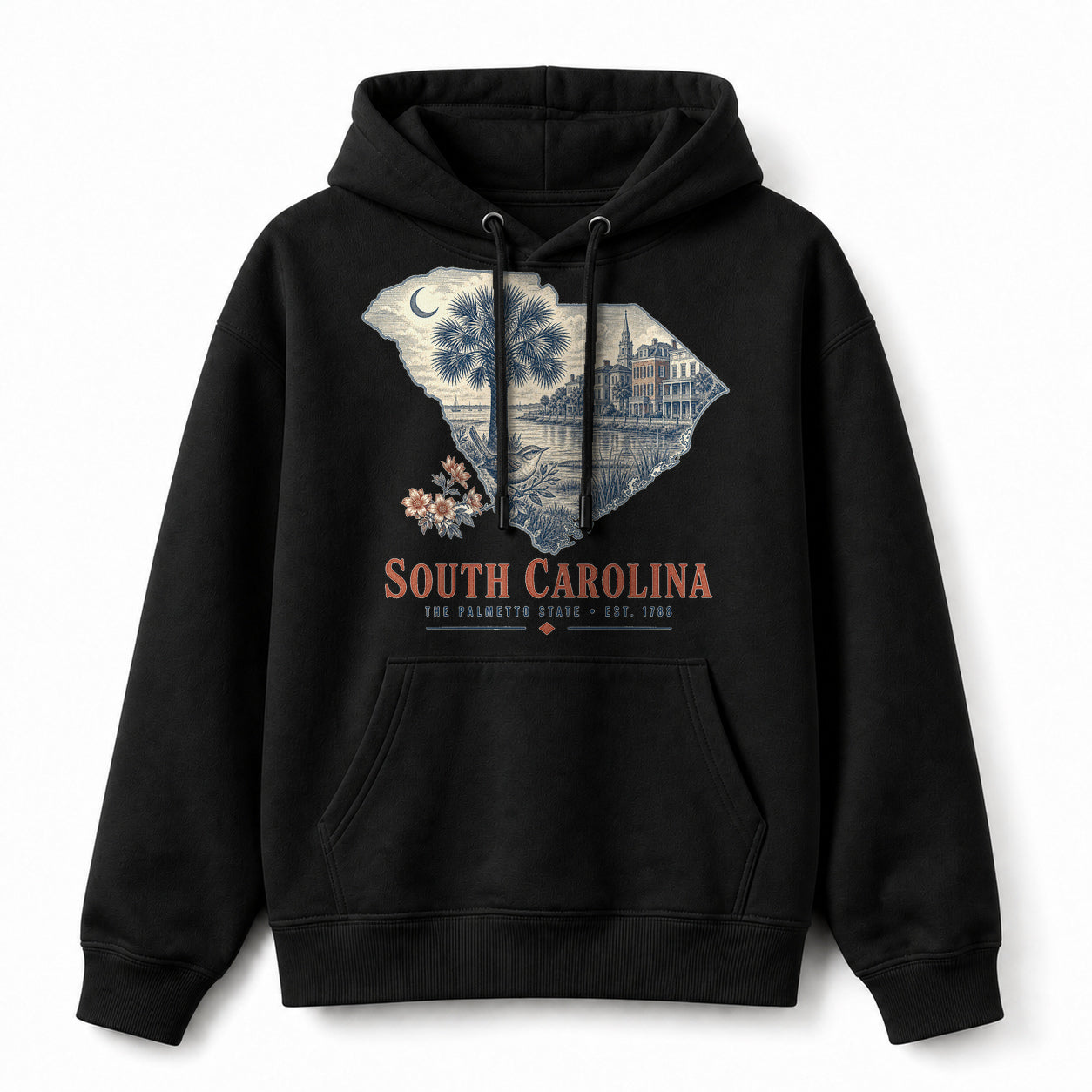 Vintage South Carolina State Graphic Pullover Hoodie in Black, front view on a white background