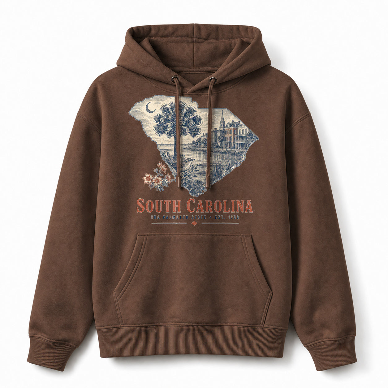 Vintage South Carolina State Graphic Pullover Hoodie in Coffee Brown, front view on a white background
