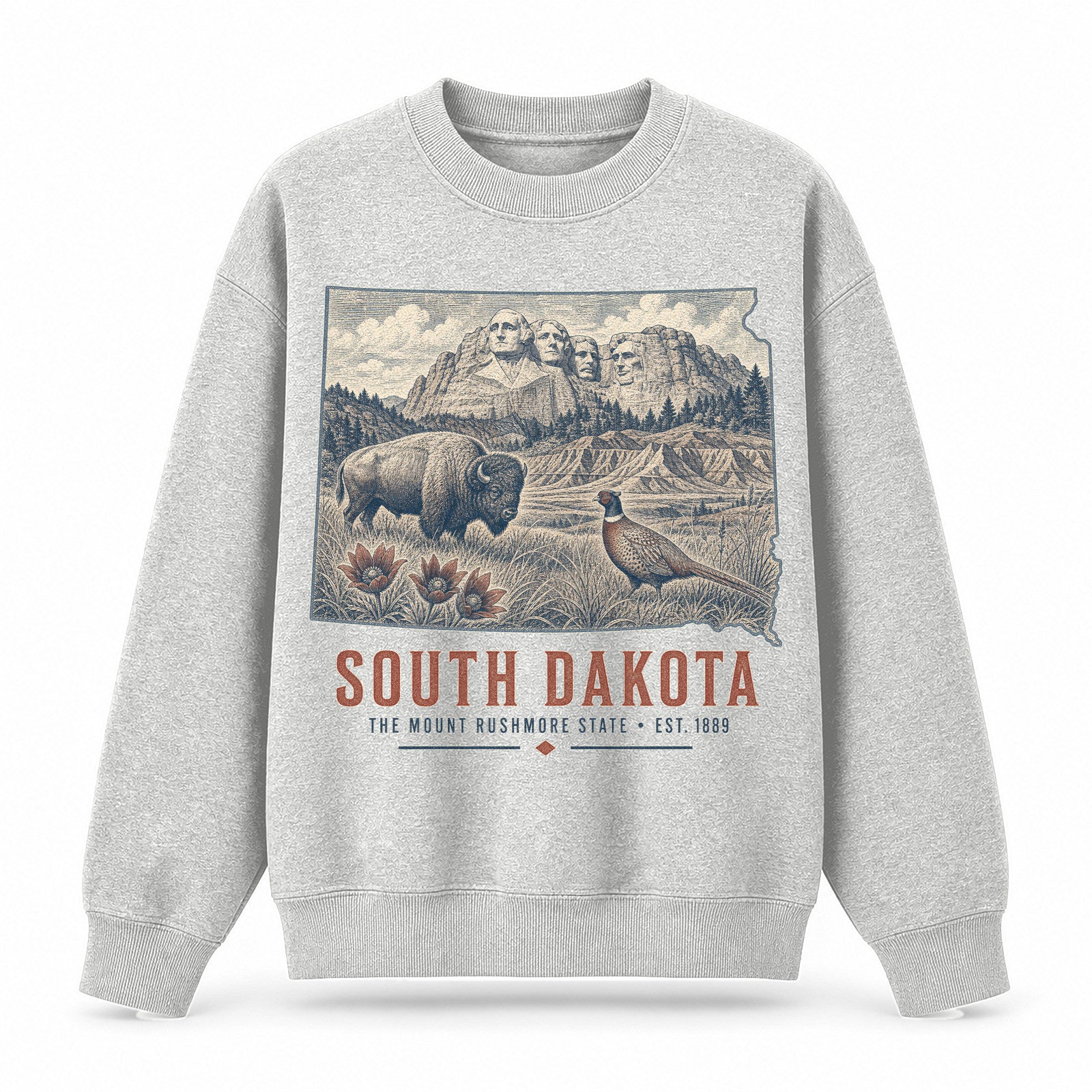 Vintage South Dakota State Graphic Crewneck Sweatshirt in Light Gray, front view on a white background