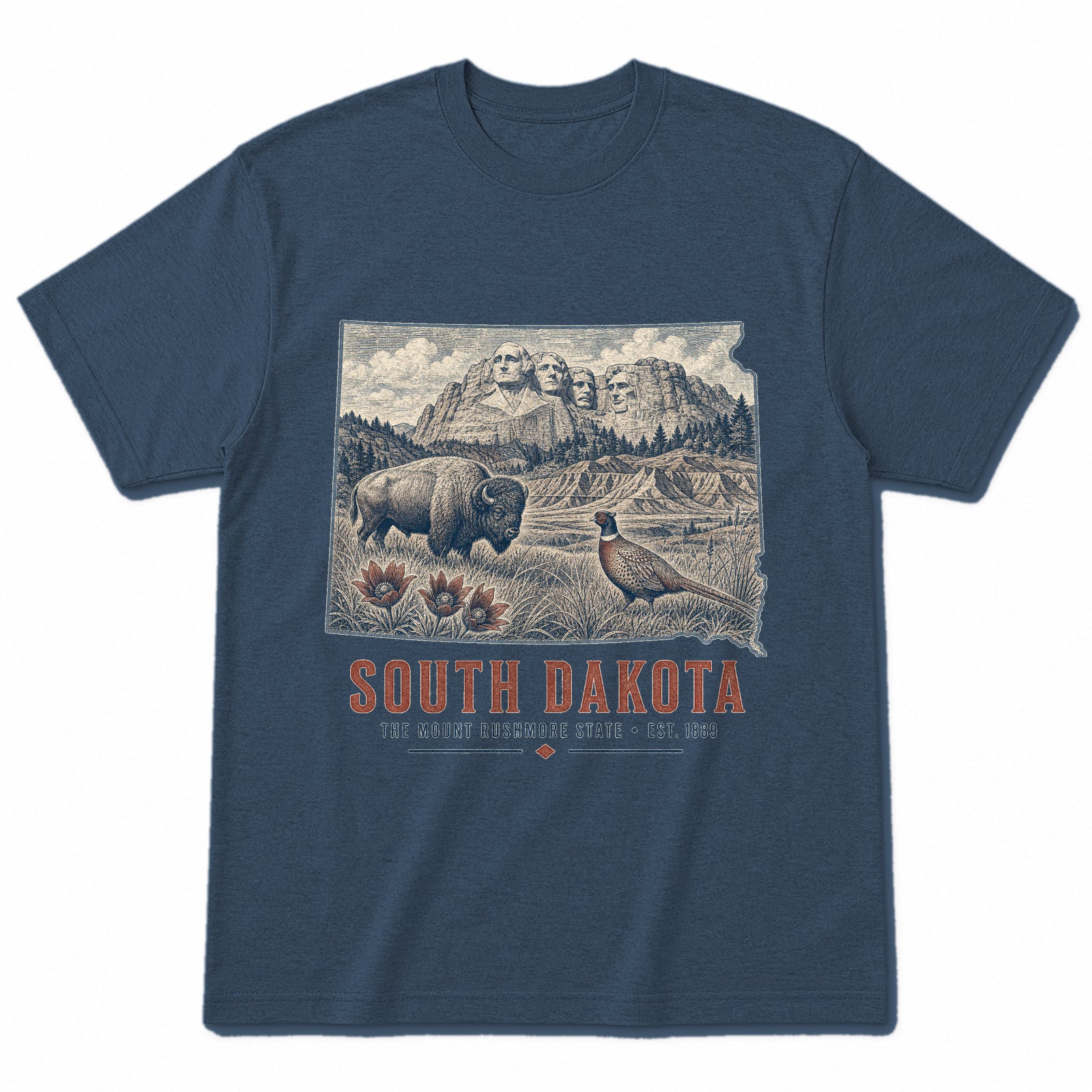 Vintage South Dakota State Graphic T-Shirt in Washed Navy, front view on a white background