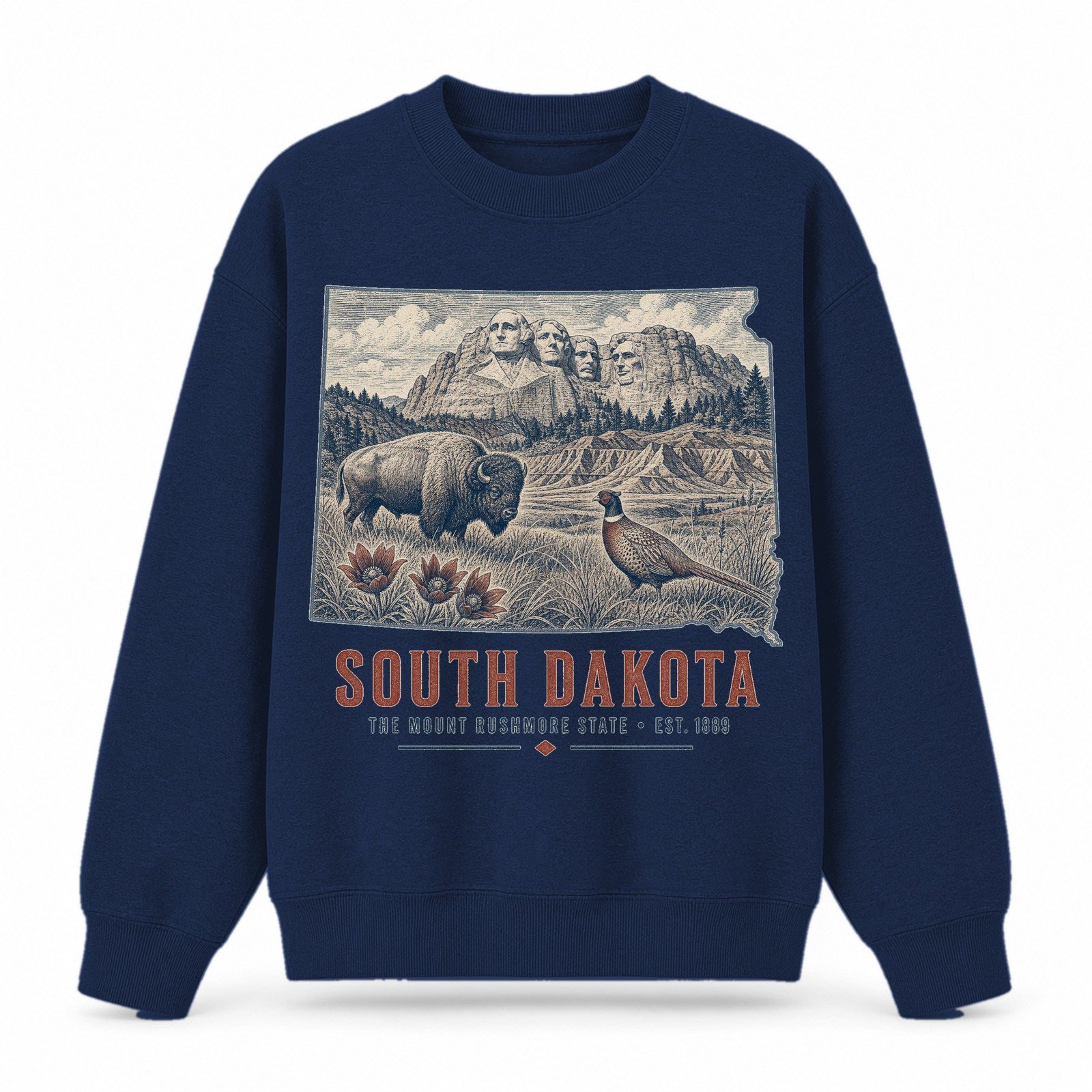 Vintage South Dakota State Graphic Crewneck Sweatshirt in Navy, front view on a white background