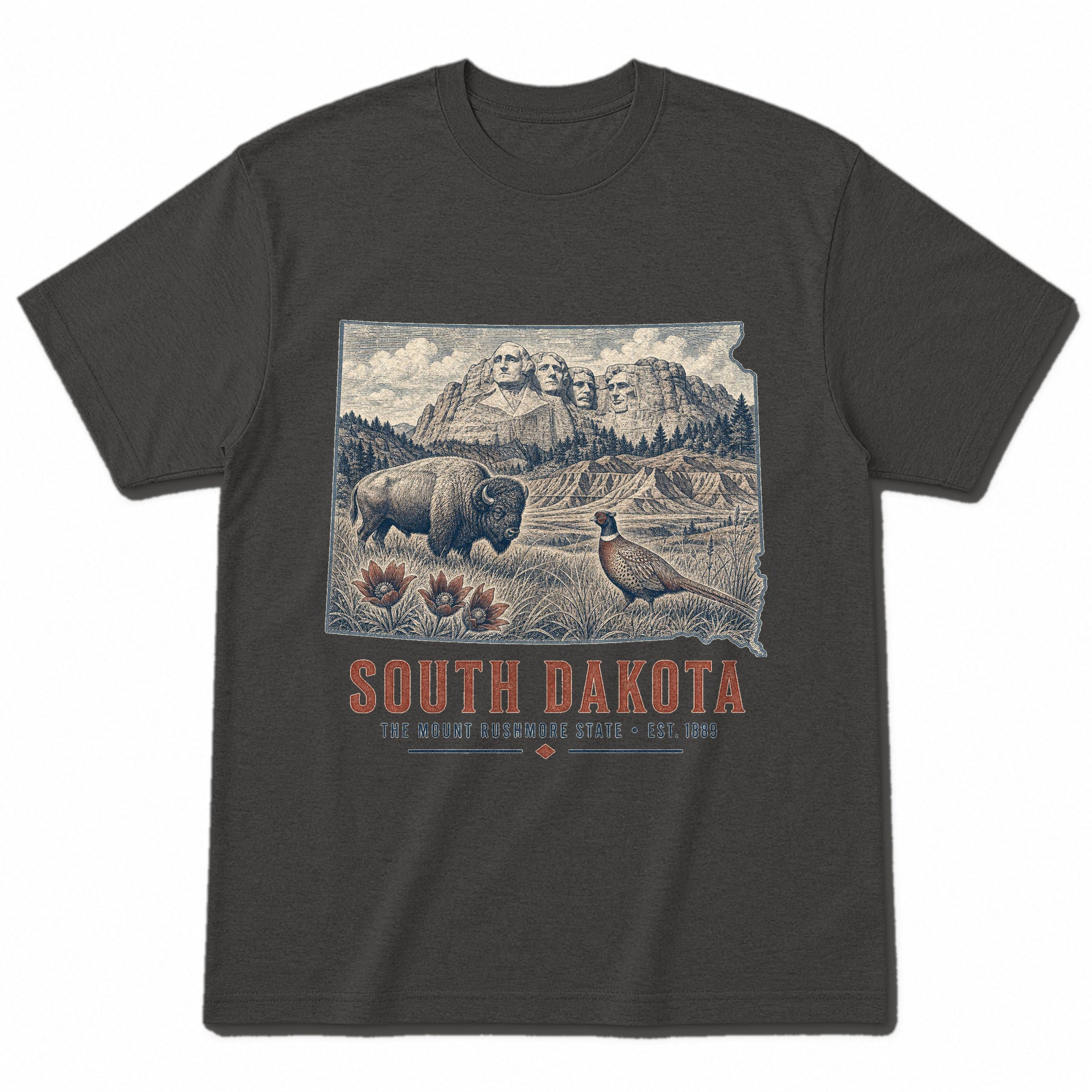 Vintage South Dakota State Graphic T-Shirt in Vintage Charcoal, front view on a white background