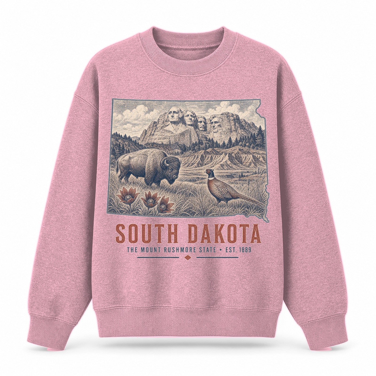 Vintage South Dakota State Graphic Crewneck Sweatshirt in Pink, front view on a white background