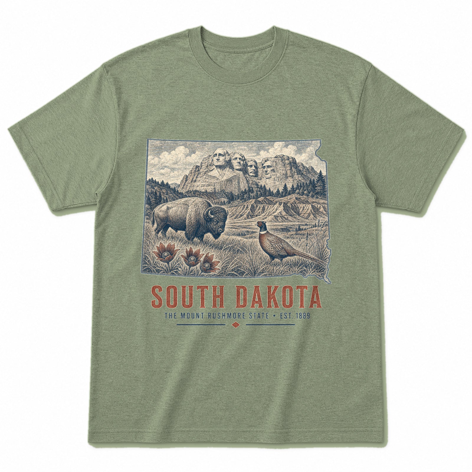 Vintage South Dakota State Graphic T-Shirt in Light Sage Green, front view on a white background