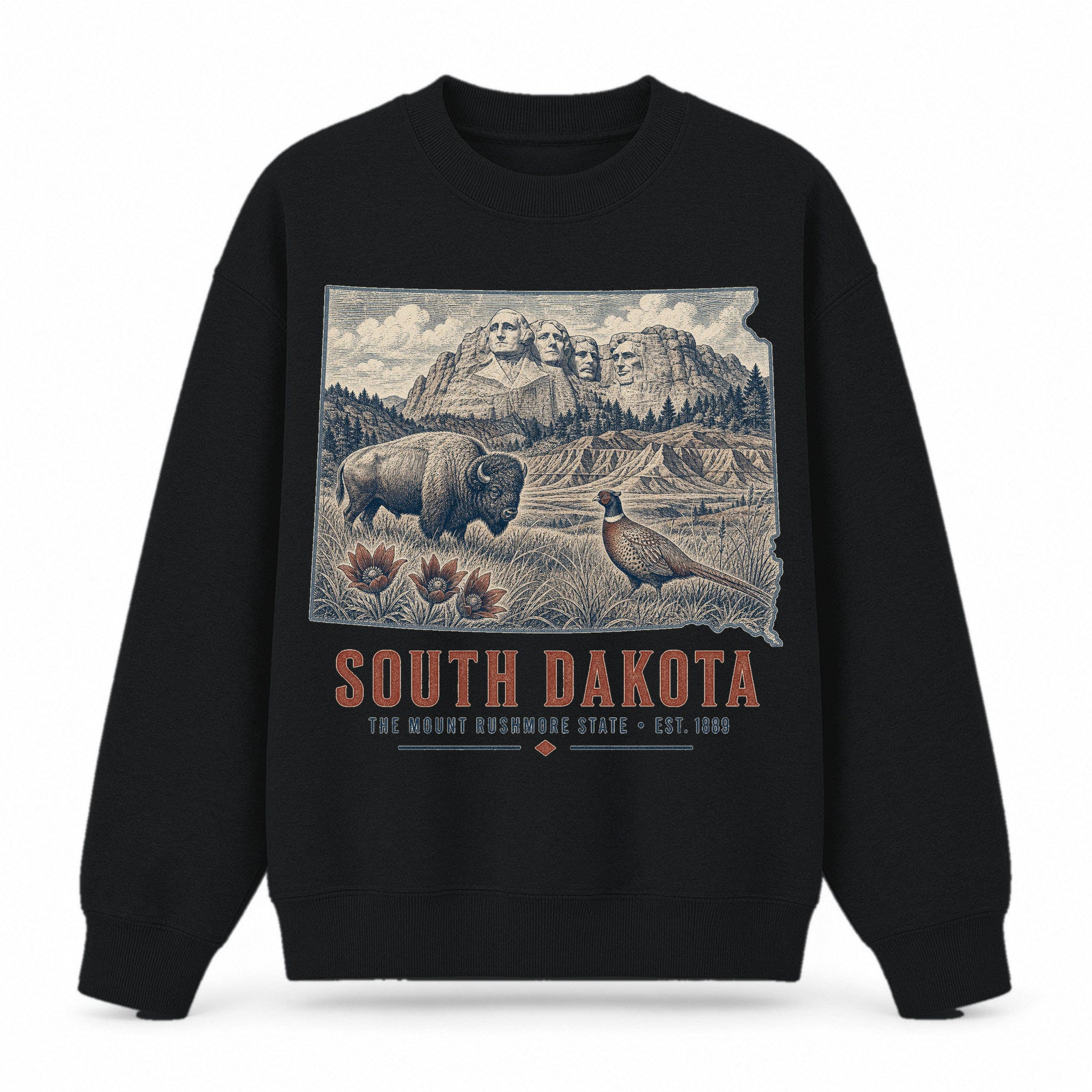 Vintage South Dakota State Graphic Crewneck Sweatshirt in Black, front view on a white background