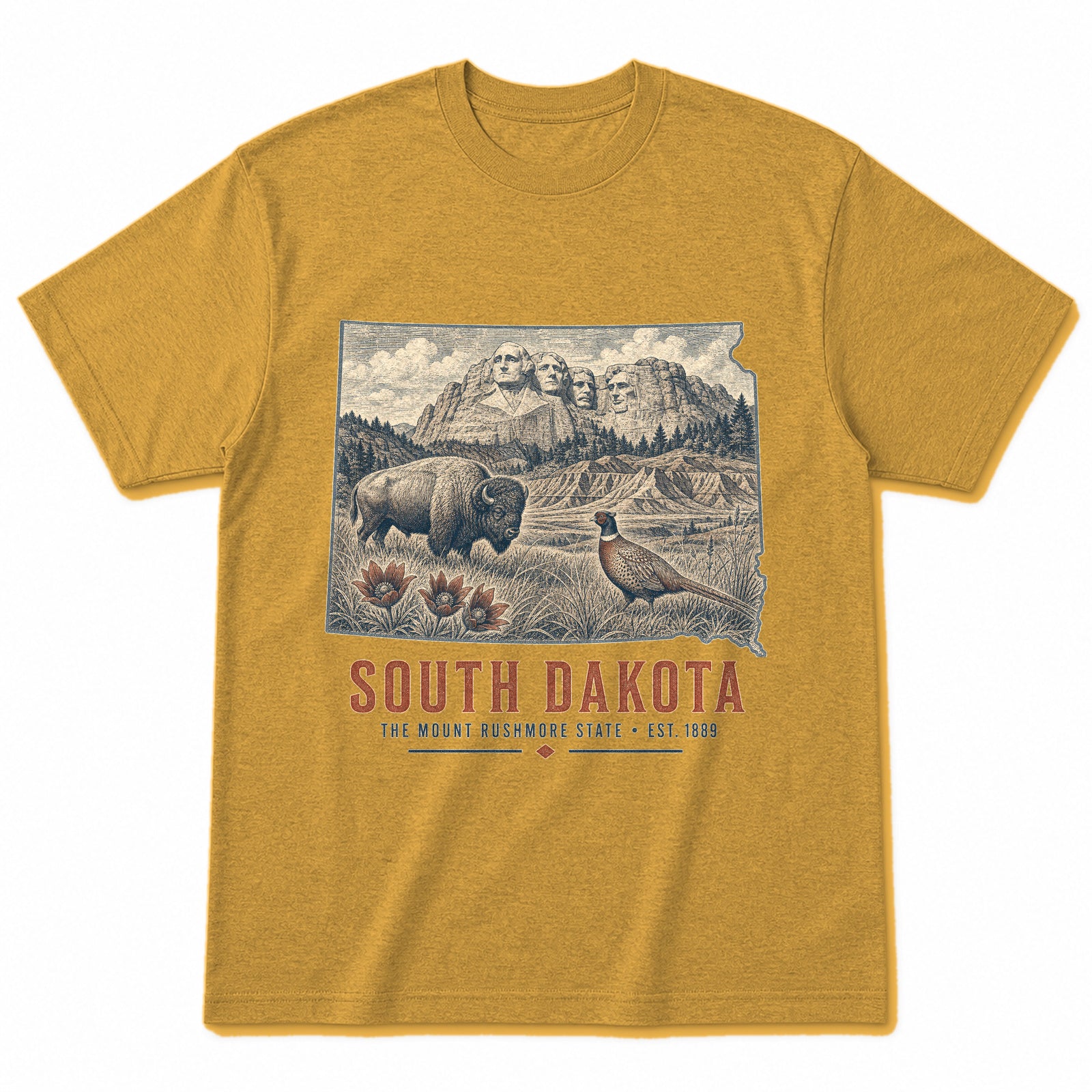 Vintage South Dakota State Graphic T-Shirt in Vintage Mustard Yellow, front view on a white background