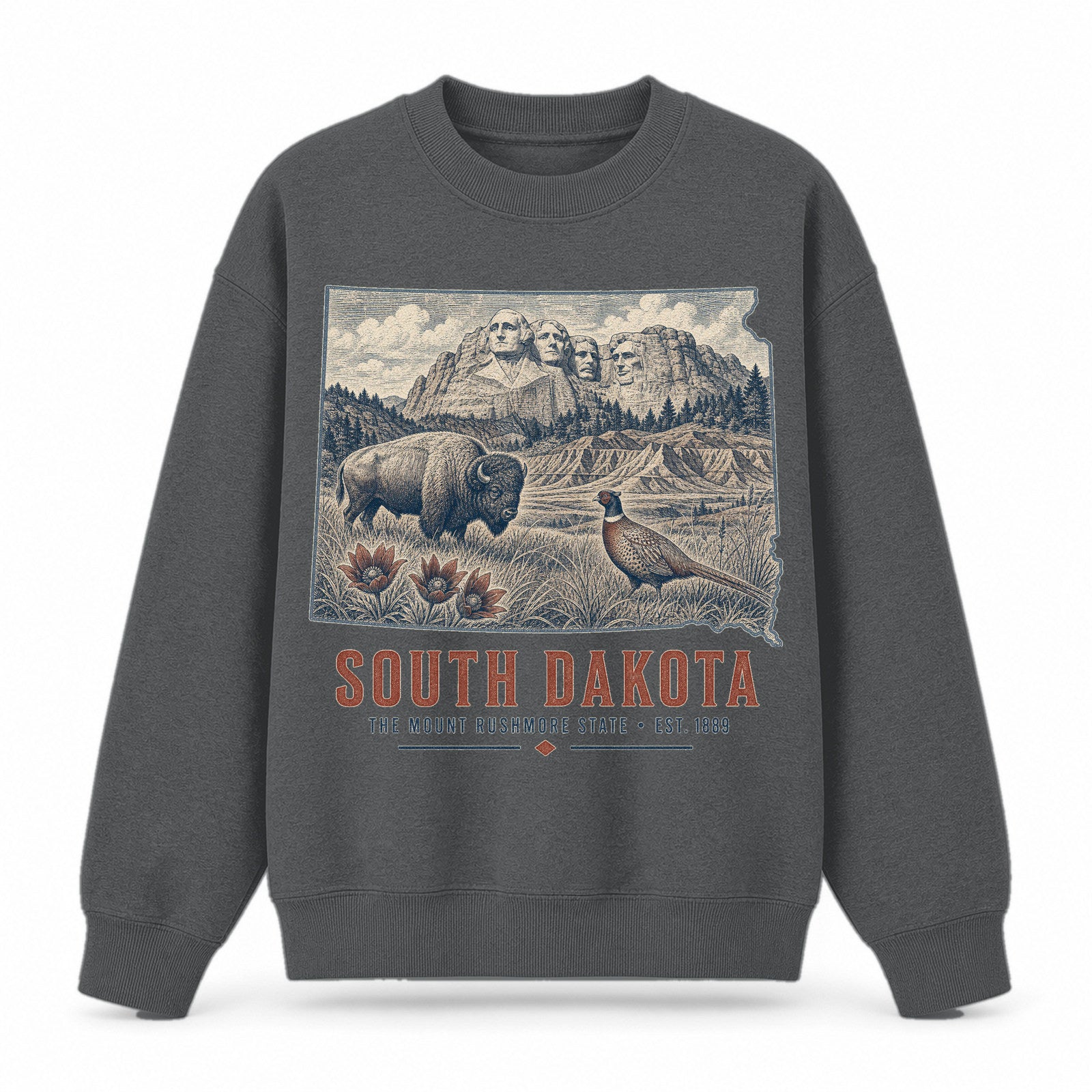 Vintage South Dakota State Graphic Crewneck Sweatshirt in Dark Gray, front view on a white background