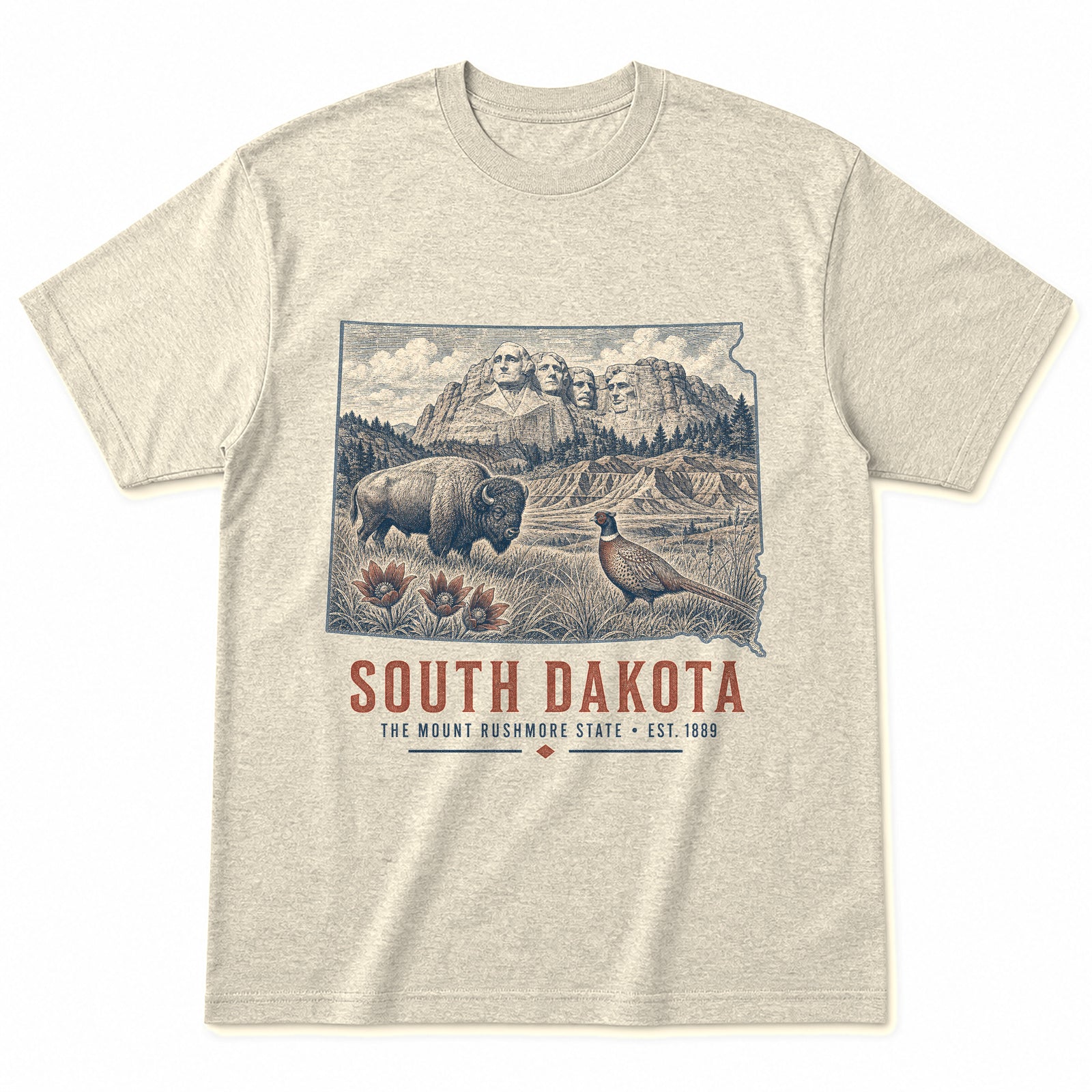 Vintage South Dakota State Graphic T-Shirt in Natural Cream, front view on a white background