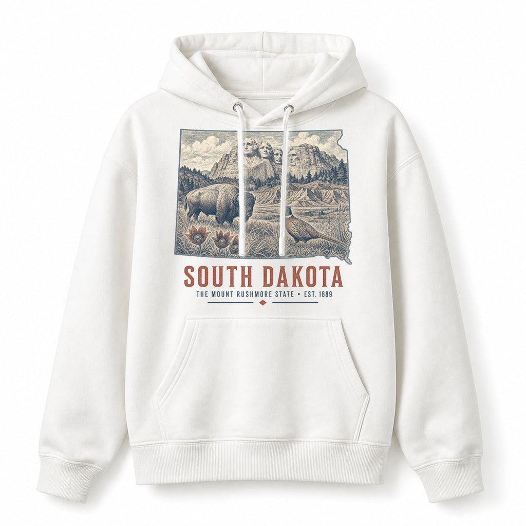 Vintage South Dakota State Graphic Pullover Hoodie in White, front view on a white background