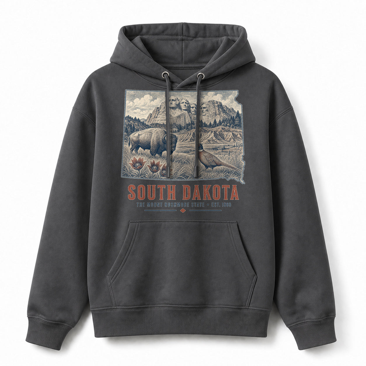 Vintage South Dakota State Graphic Pullover Hoodie in Dark Gray, front view on a white background