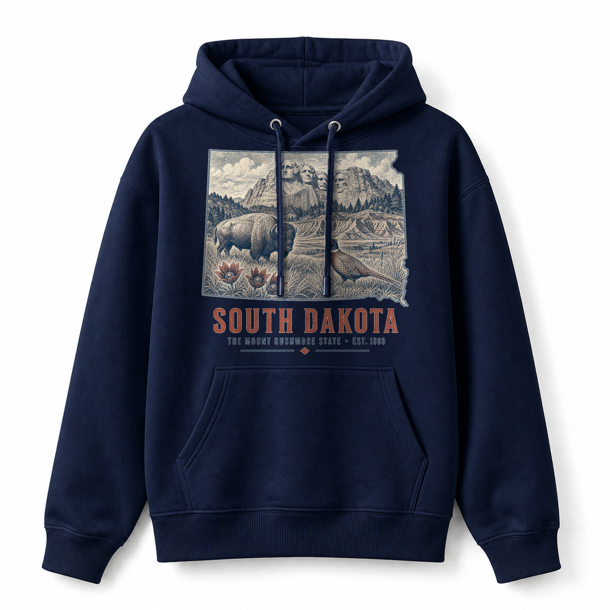 Vintage South Dakota State Graphic Pullover Hoodie in Navy, front view on a white background