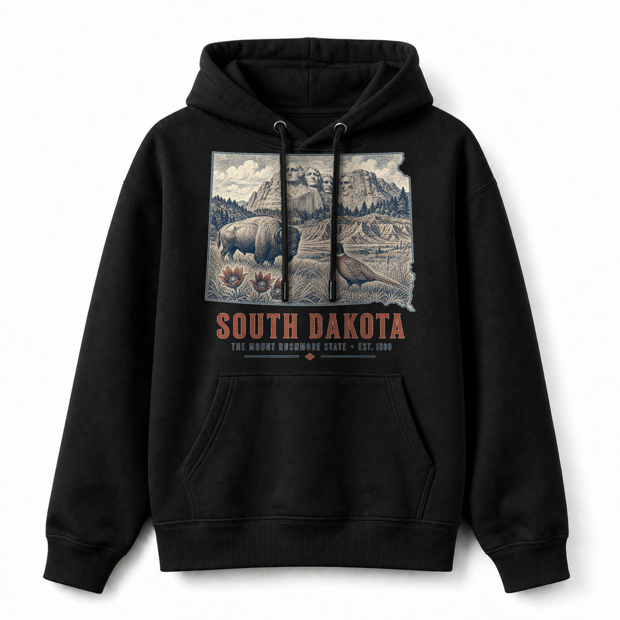 Vintage South Dakota State Graphic Pullover Hoodie in Black, front view on a white background
