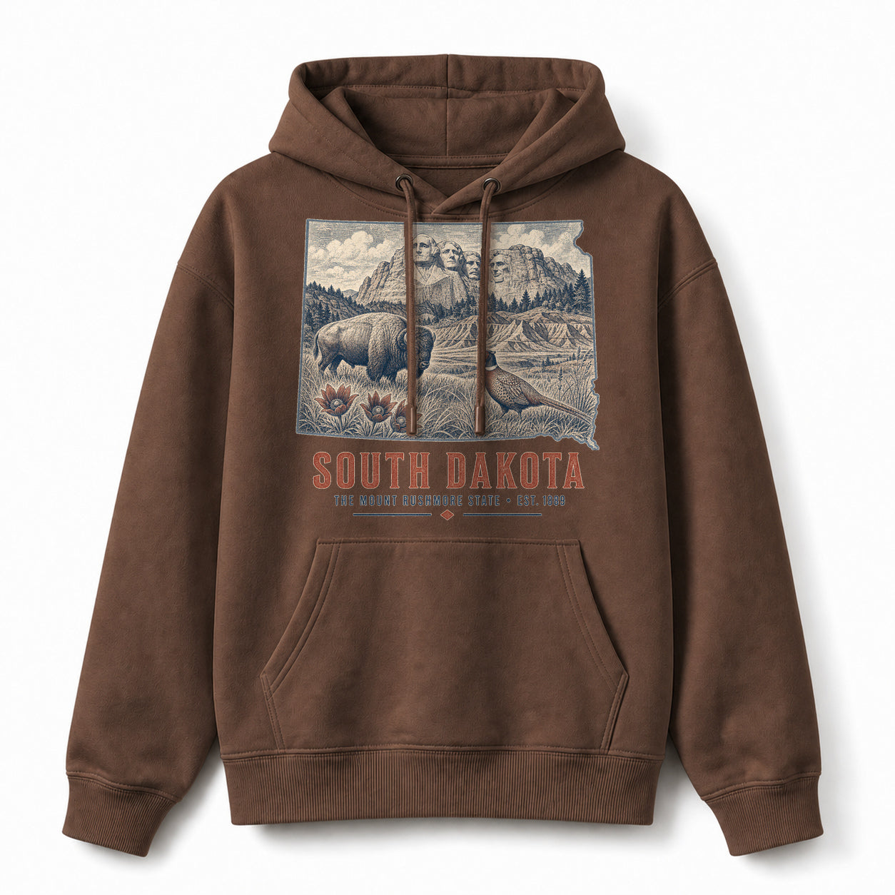 Vintage South Dakota State Graphic Pullover Hoodie in Coffee Brown, front view on a white background